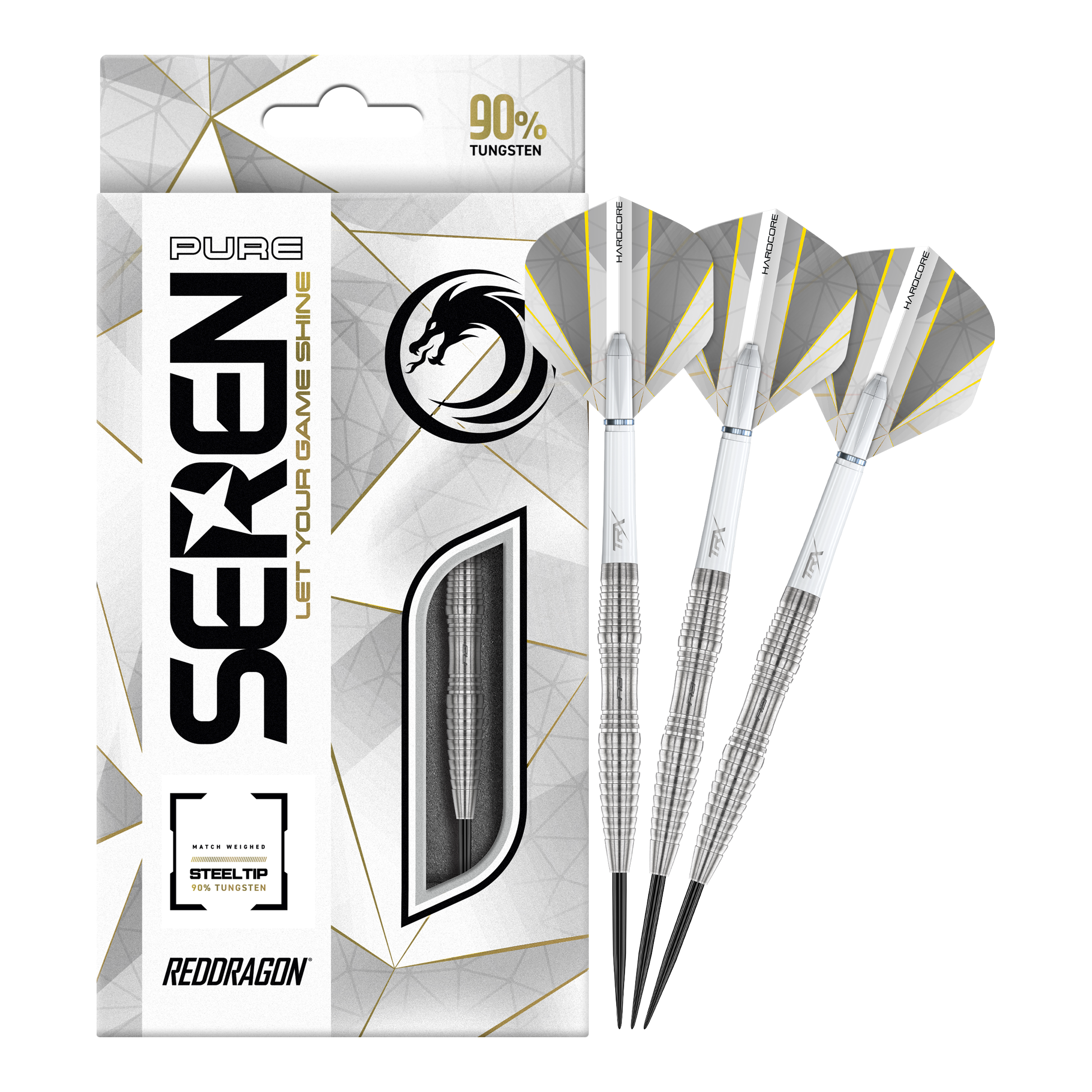 Dragon Rouge Seren 3 Pure Steeldarts Auf dem Bild sind die "Red Dragon Seren 3 Pure Steeldarts" zu sehen. Die Verpackung und drei silberne Steeldarts mit weißen Flights sind abgebildet.