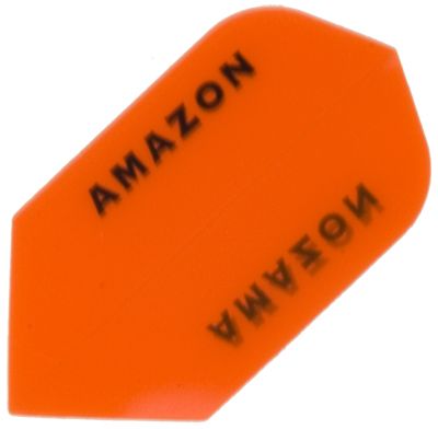 a26 Das Bild zeigt das Produkt „Amazon Flights A26“. Es ist ein orangefarbenes Dartflight mit dem schwarzen Schriftzug „AMAZON“.