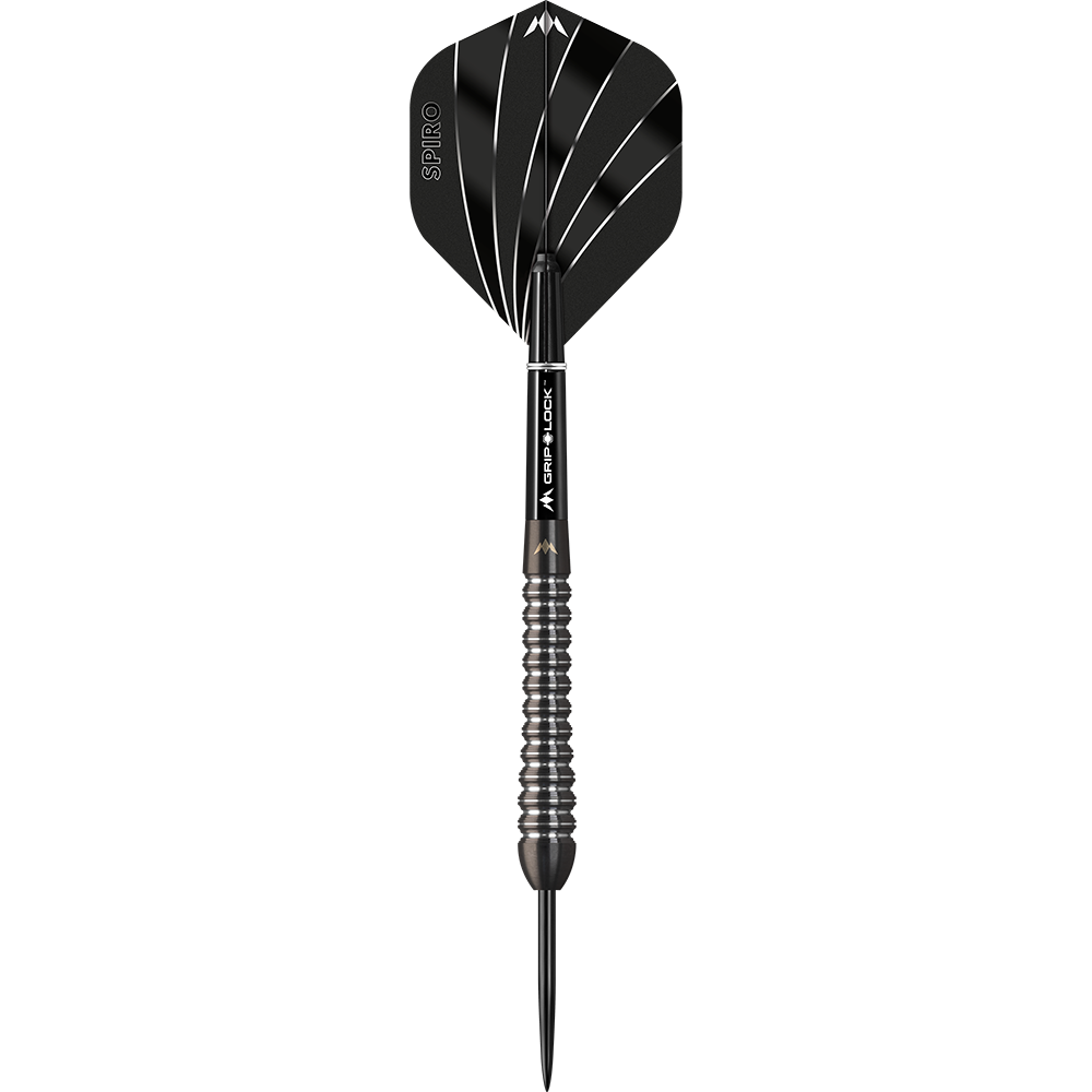 Dies ist ein Mission Spiro Model 2 Steeldart mit einem Gewicht von 22 Gramm. Der Dart hat ein modernes Design mit schwarzen und silbernen Akzenten.