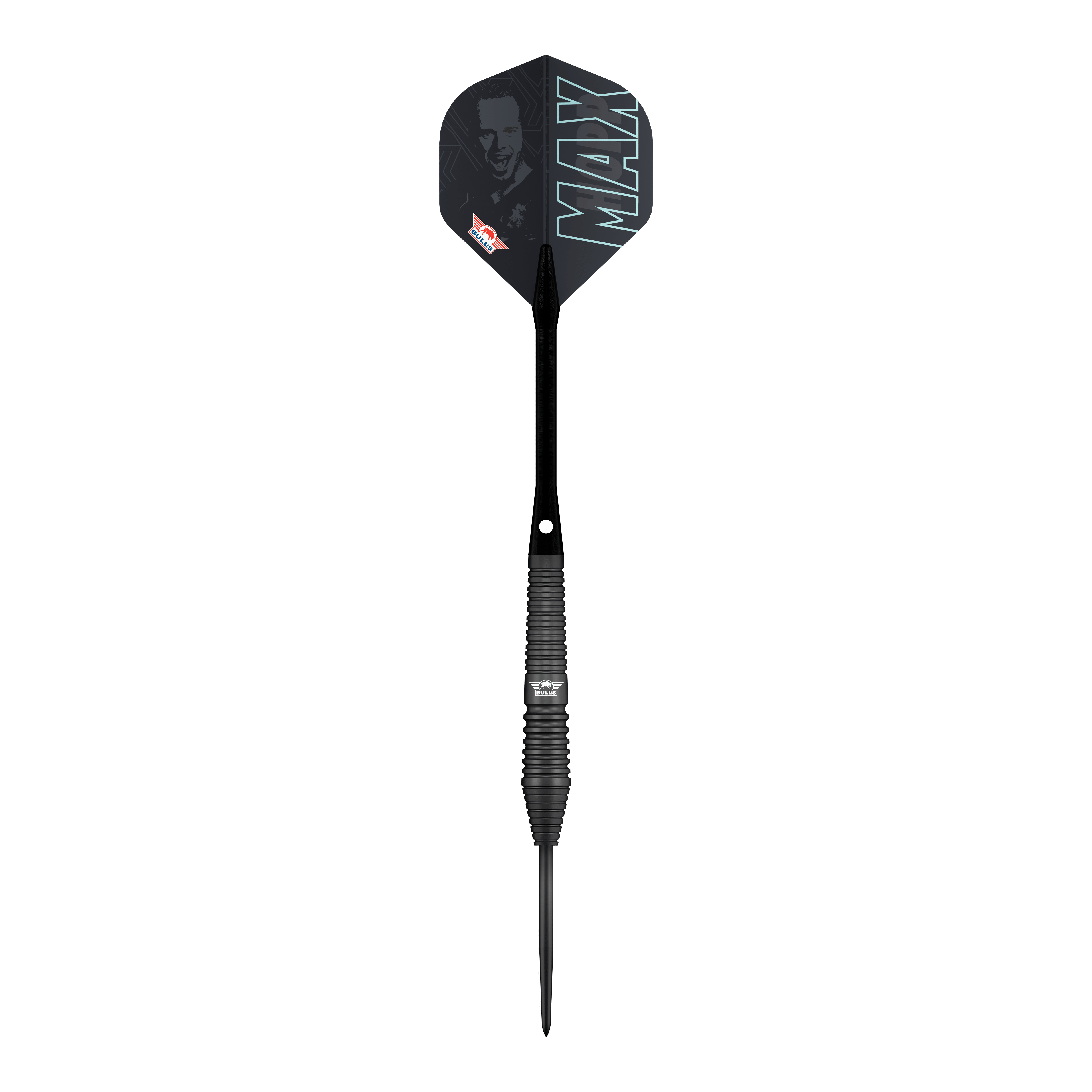 Die Bulls NL Max Hopp Black Steeldarts werden gezeigt. Die Darts sind als Set auf einem einfachen Hintergrund abgebildet.