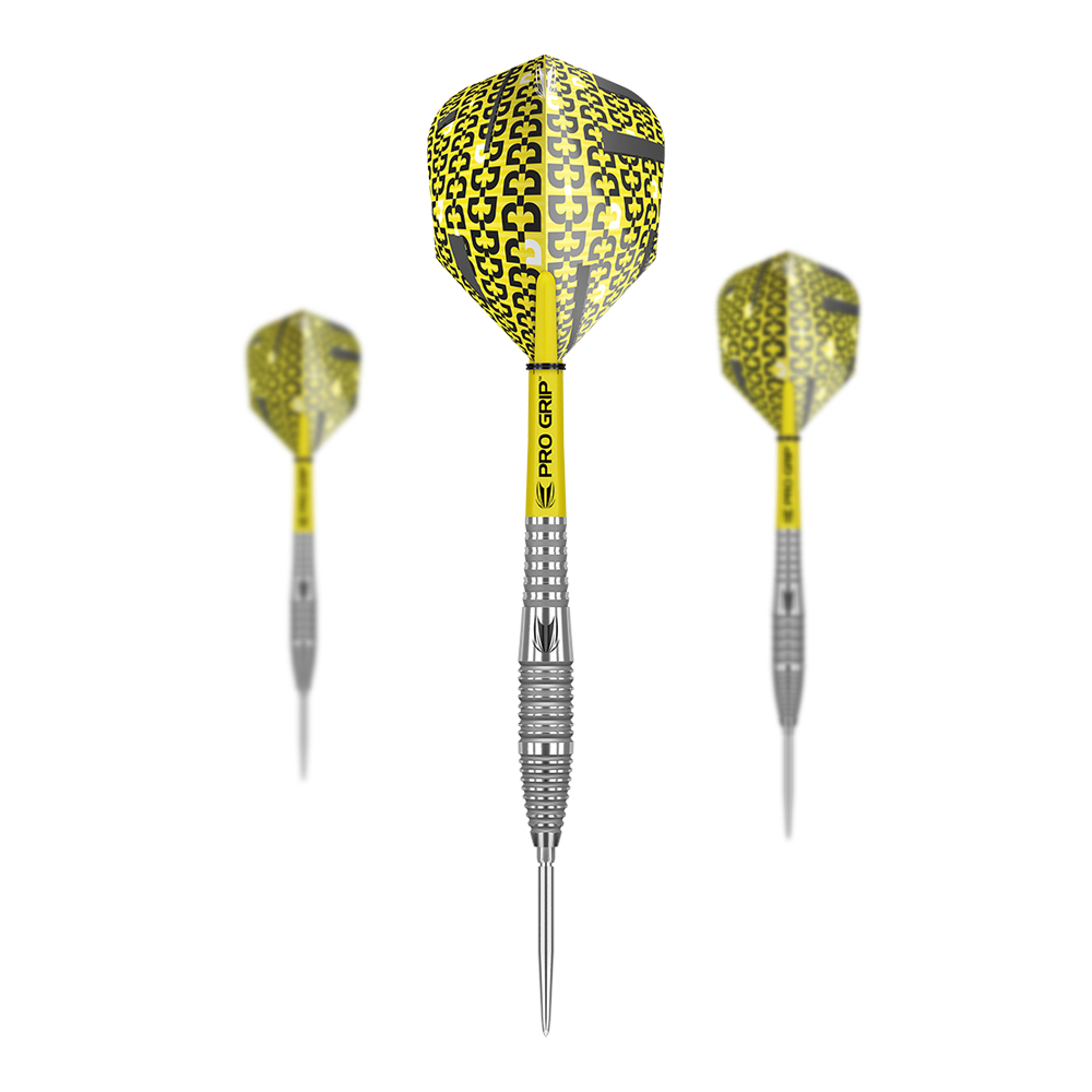 Fléchettes en acier Target Bolide 05 Swiss Point Das Bild zeigt drei Target Bolide 05 Swiss Point Steeldarts mit gelben Flights und silbernen Spitzen. Die Darts haben auffällige Pro Grip Schäfte und ein modernes Design.