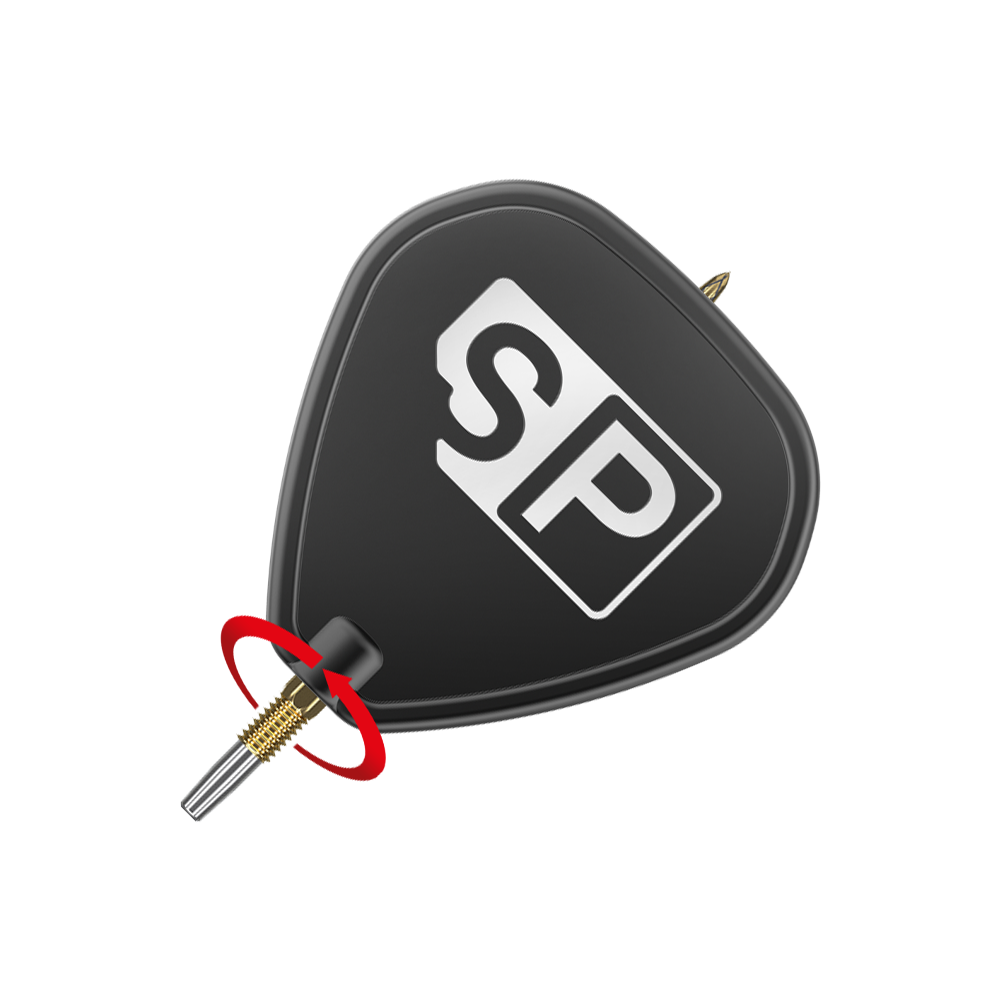 Pointes de fléchettes Target Swiss Point DX - or Das Bild zeigt eine schwarze Dartspitze mit der Aufschrift "SP" in weißen Buchstaben. Ein roter Pfeil deutet auf eine Drehbewegung an der goldenen Spitze hin.