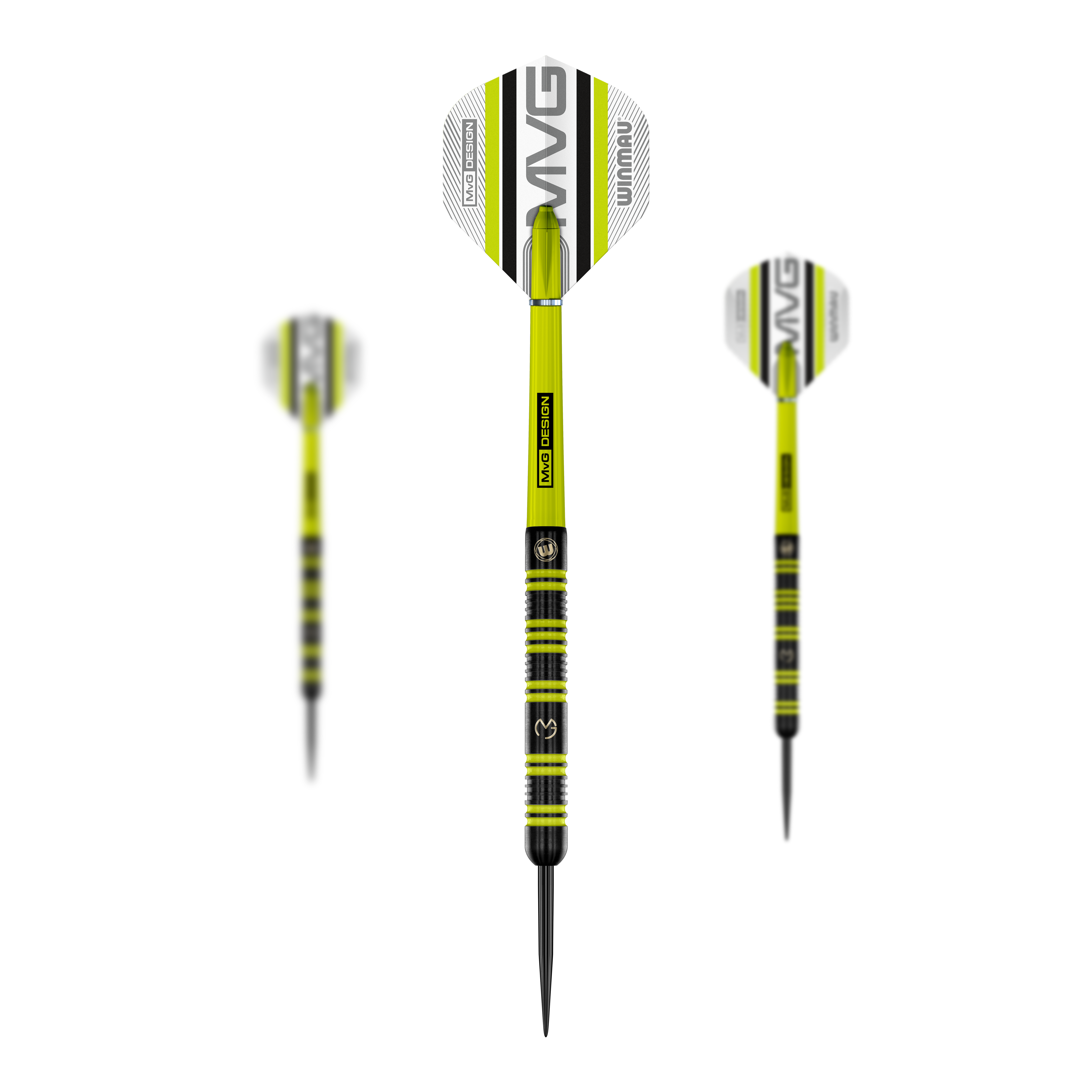 Fléchettes en acier Winmau Michael Van Gerwen 85 Pro-Series Das Bild zeigt drei Winmau Michael Van Gerwen 85 Pro-Series Steeldarts. Die Darts sind schwarz-gelb gestaltet und haben Flights mit dem Schriftzug "MVG" und "Winmau".