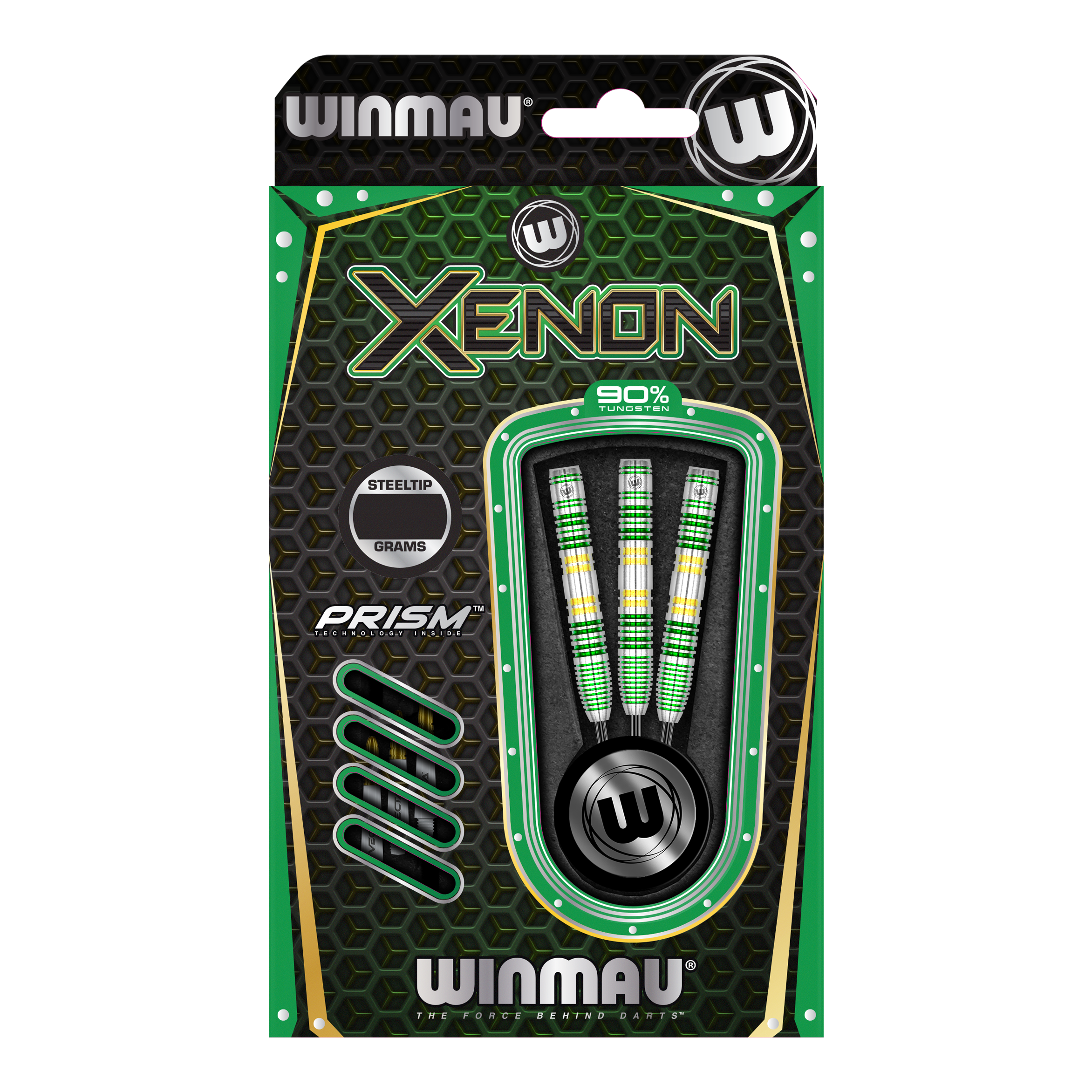 Fléchettes en acier Winmau Xenon Das Bild zeigt eine Packung Winmau Xenon Steeldarts. Die Verpackung ist überwiegend schwarz-grün und enthält drei Darts mit bunten Griffen.