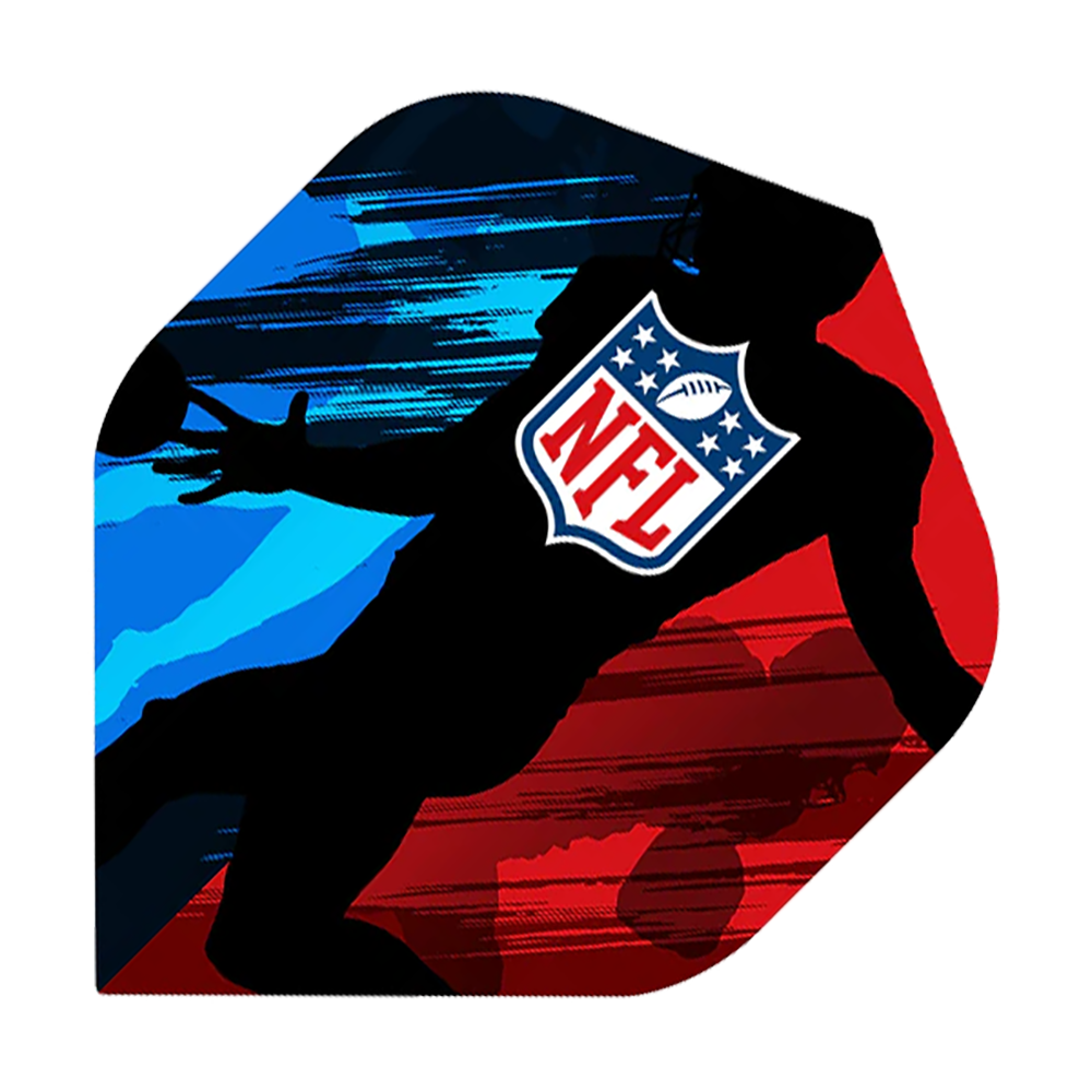 29079_NFL_Silhouette_Standard_Flights_1O1KiE2wFkFW4n Das Bild zeigt ein Dart-Flight mit dem NFL-Logo und der Silhouette eines Footballspielers. Der Hintergrund ist in Blau- und Rottönen gestaltet.