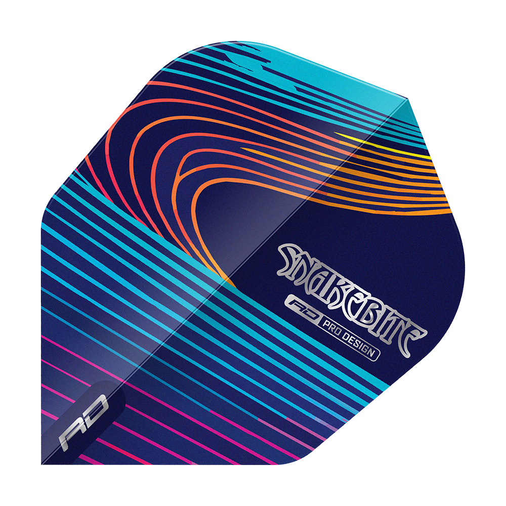 Vols Red Dragon Peter Wright Snakebite Multi No6 Das Bild zeigt einen bunten Dartflight mit geschwungenen Linien in Blau, Lila, Orange und Gelb. Auf dem Flight steht der Schriftzug "Snakebite" sowie "RD Pro Design".