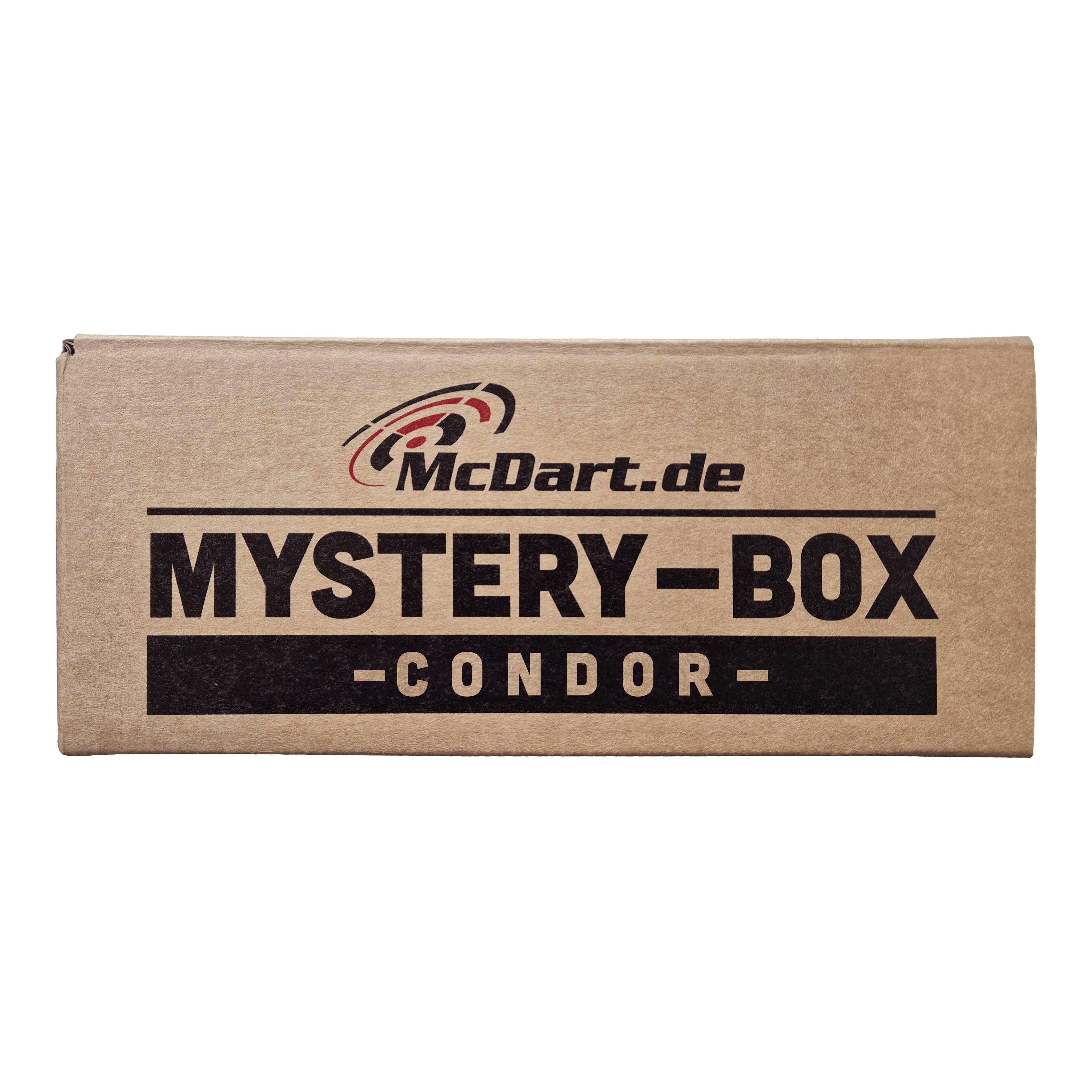 Boîte mystère McDart Condor Auf dem Bild ist ein brauner Karton mit der Aufschrift "McDart.de Mystery-Box - Condor -" zu sehen. Die Schachtel wirkt geheimnisvoll und lädt zum Entdecken ein.