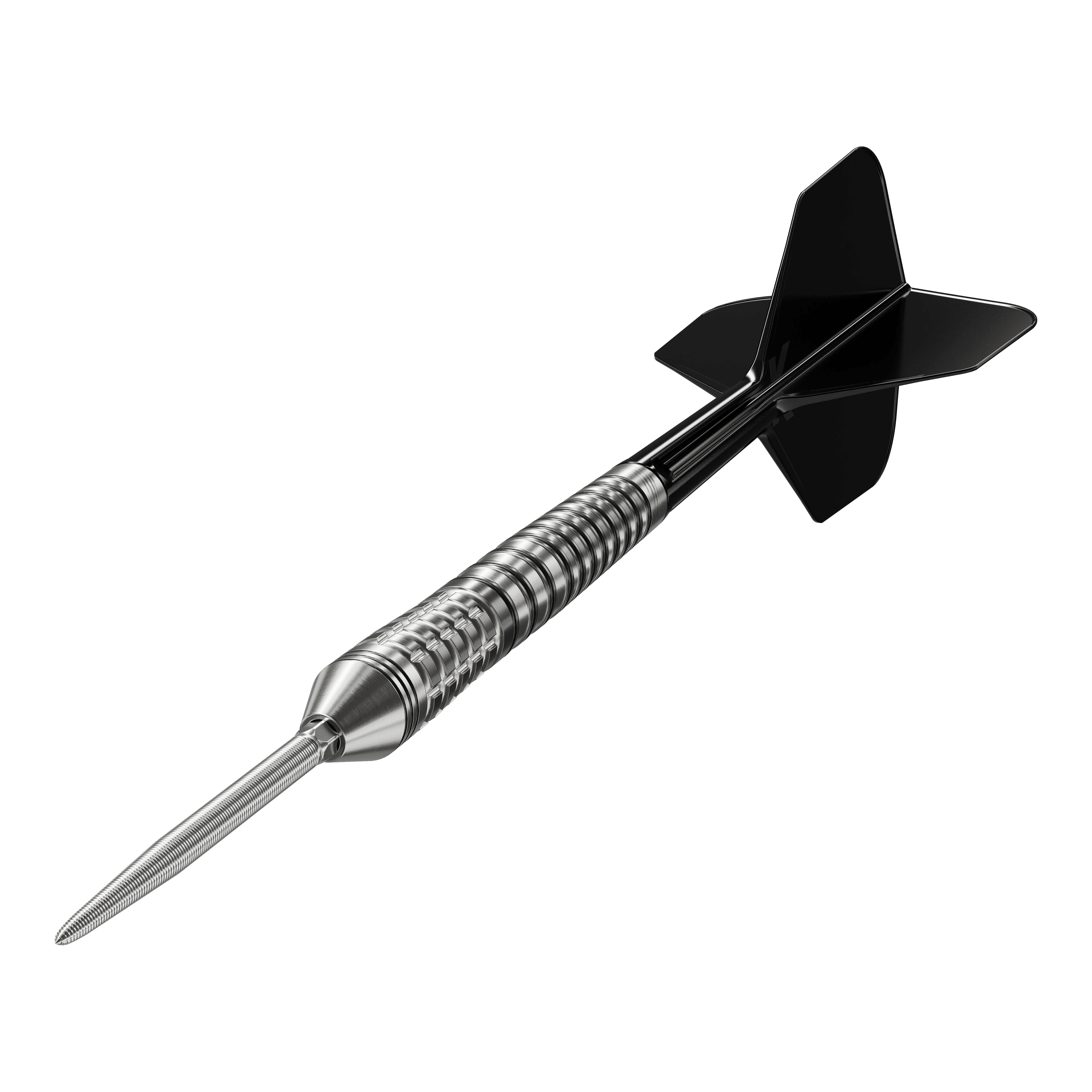 Fléchettes en acier Target Black Marque Renegade 4 Swiss Point Das Bild zeigt einen Target Black Marque Renegade 4 Swiss Point Steeldart. Der Dartpfeil hat eine silberne, gerillte Spitze und schwarze Flights.