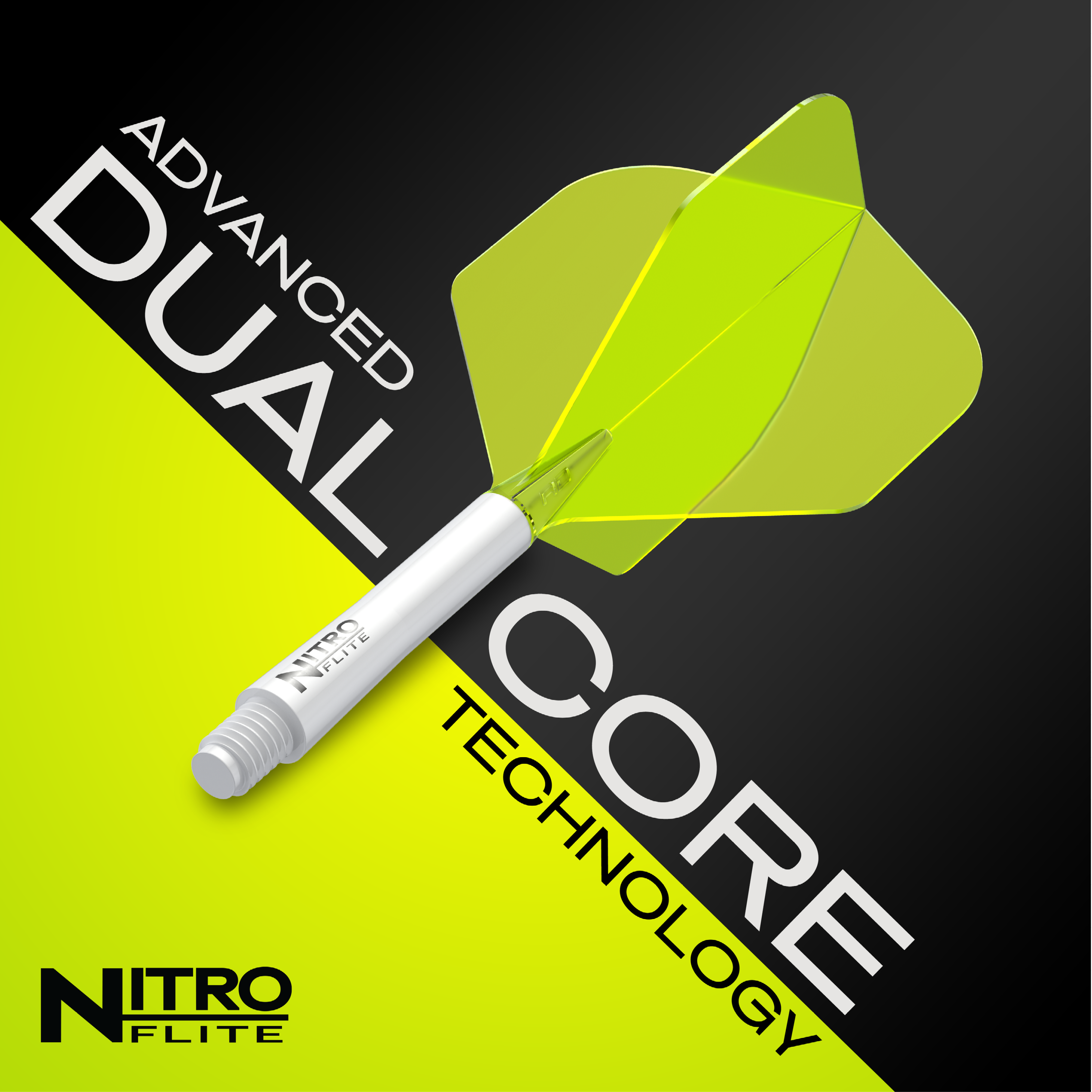 Das Bild zeigt das Produkt "Red Dragon Nitroflite - White Shaft Yellow No2 Flights" mit einem weißen Schaft und gelben Flights. Im Hintergrund steht der Text "Advanced Dual Core Technology".
