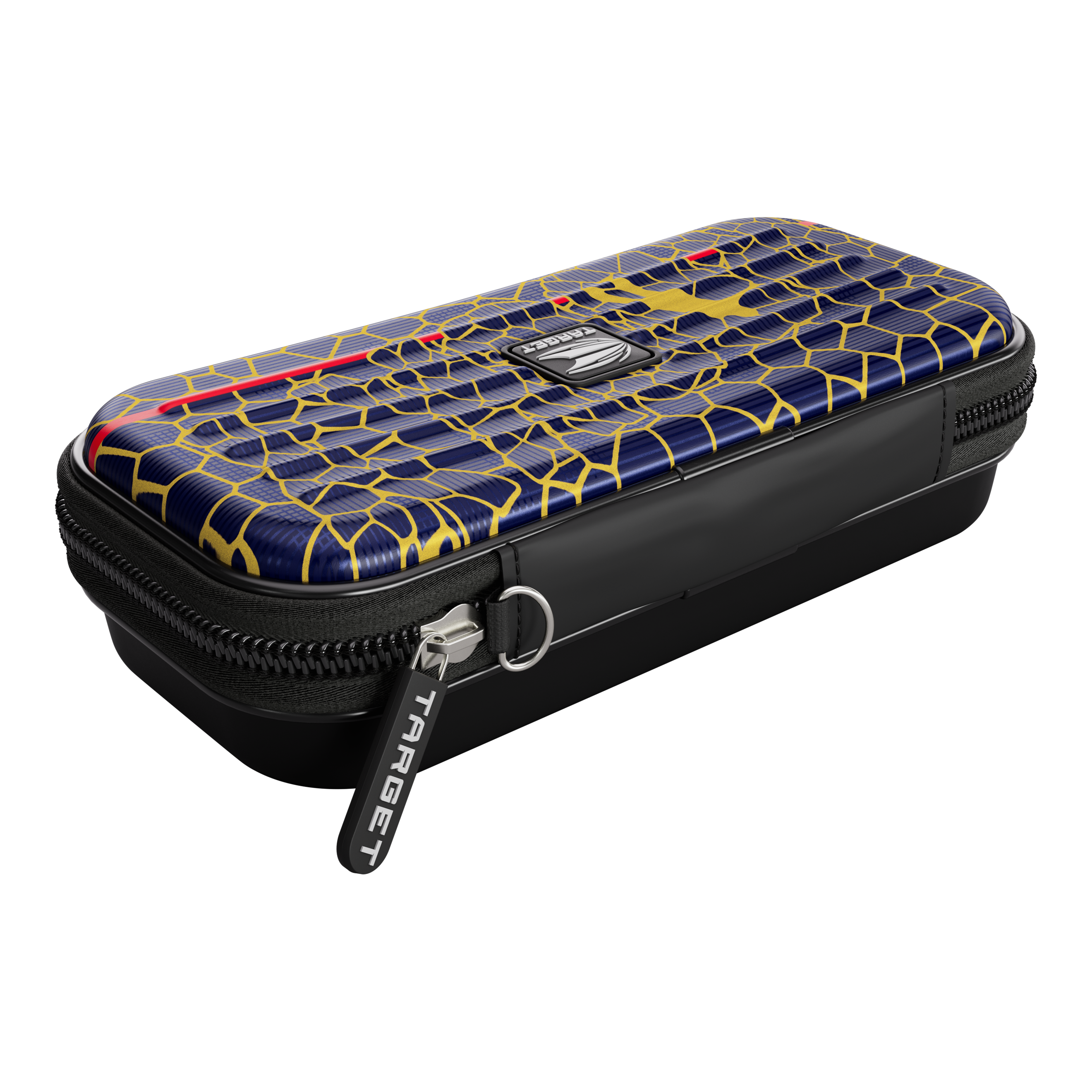 Étui à fléchettes Target Takoma Josh Rock Das Bild zeigt ein Target Takoma Josh Rock Dartcase. Das Etui hat ein auffälliges Muster in Blau und Gelb mit einem schwarzen Reißverschluss.
