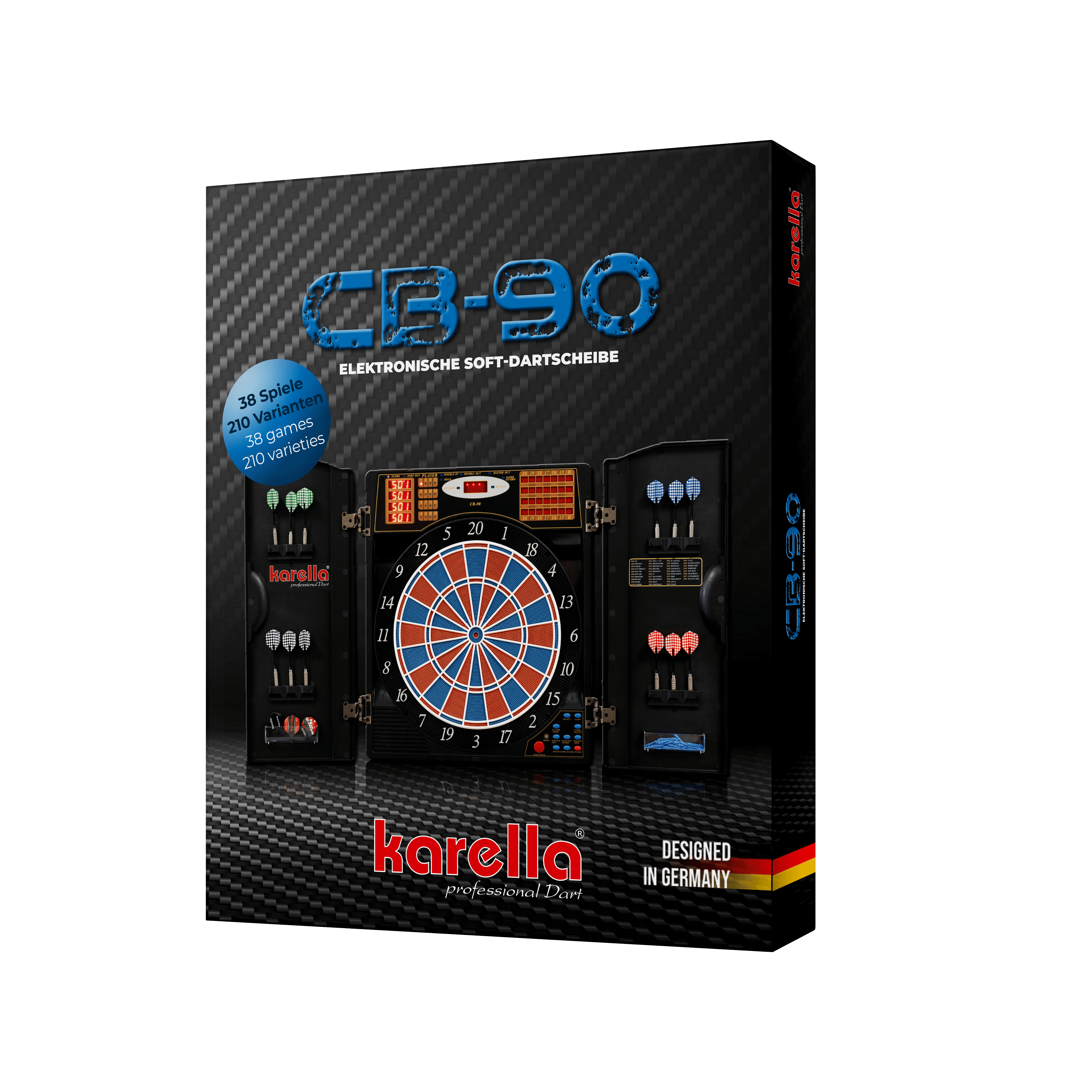 Cible de fléchettes électronique CB 90 version tournoi Auf dem Bild ist die Verpackung einer elektronischen Dartscheibe "CB 90 Turnierausführung" von Karella zu sehen. Die Dartscheibe bietet 38 Spiele mit 210 Varianten und ist "Designed in Germany".