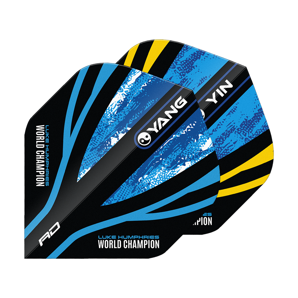 Red Dragon Luke Humphries Champion du monde Blue Gold Yin Yang Vols standards Das Bild zeigt die "Red Dragon Luke Humphries World Champion Blue Gold Yin Yang Standard Flights". Die Flights sind in Blau, Schwarz und Gelb gestaltet und tragen die Aufschrift "World Champion" sowie "YIN" und "YANG".