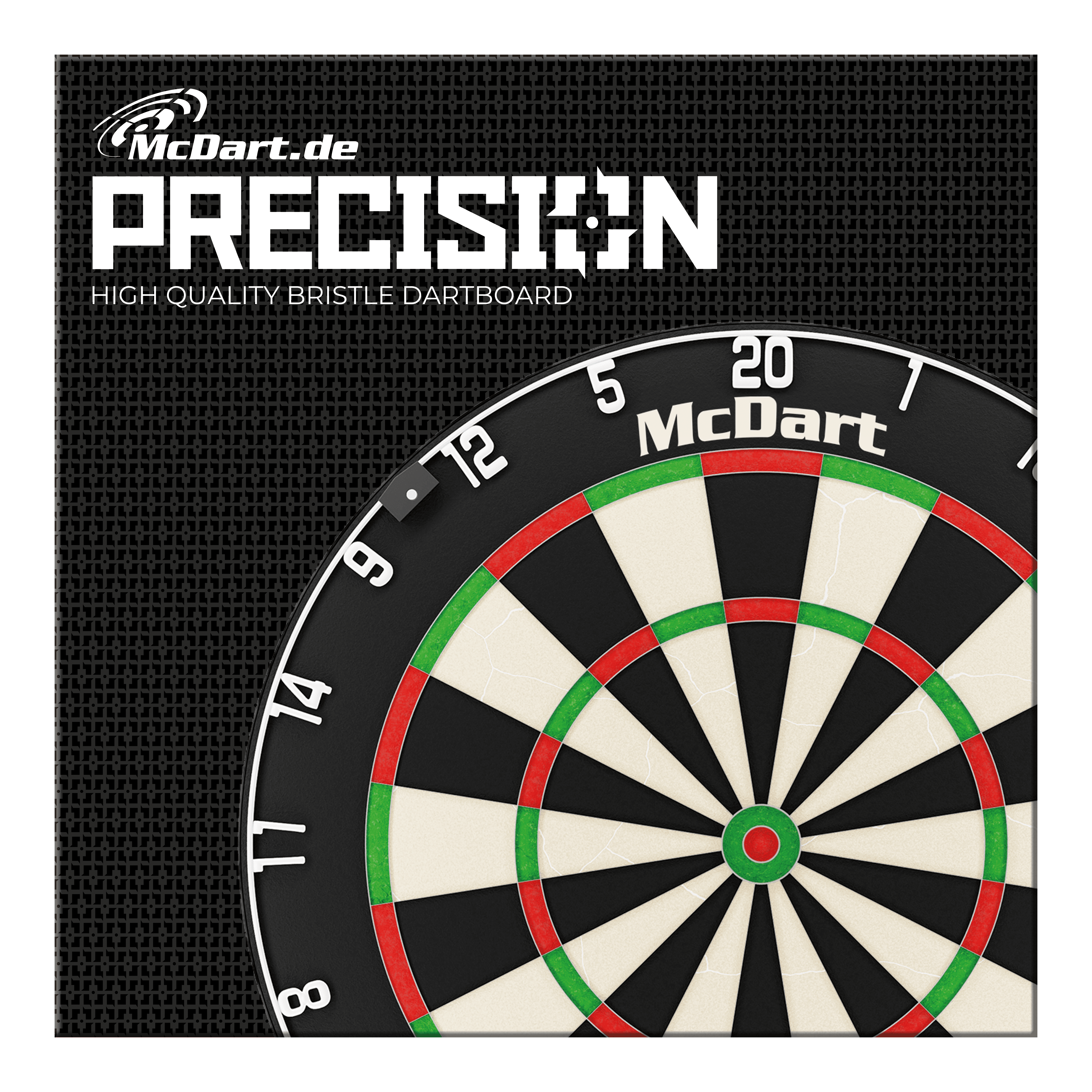 Das Bild zeigt das Produkt "McDart Precision Steeldartboard". Zu sehen ist ein hochwertiges Bristle-Dartboard mit dem McDart-Logo.