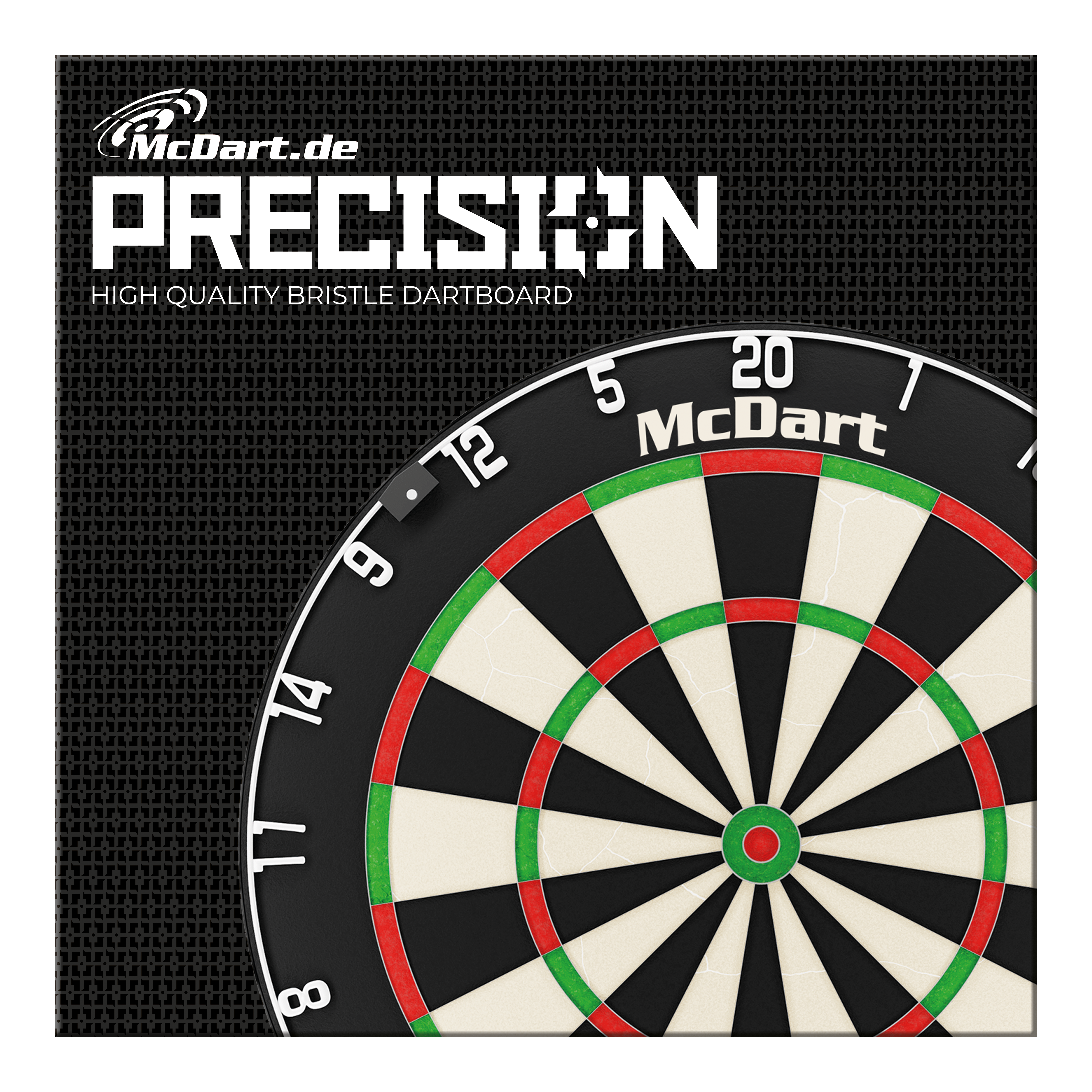 Cible de fléchettes en acier McDart Precision Das Bild zeigt das Produkt "McDart Precision Steeldartboard". Zu sehen ist ein hochwertiges Bristle-Dartboard mit dem McDart-Logo.