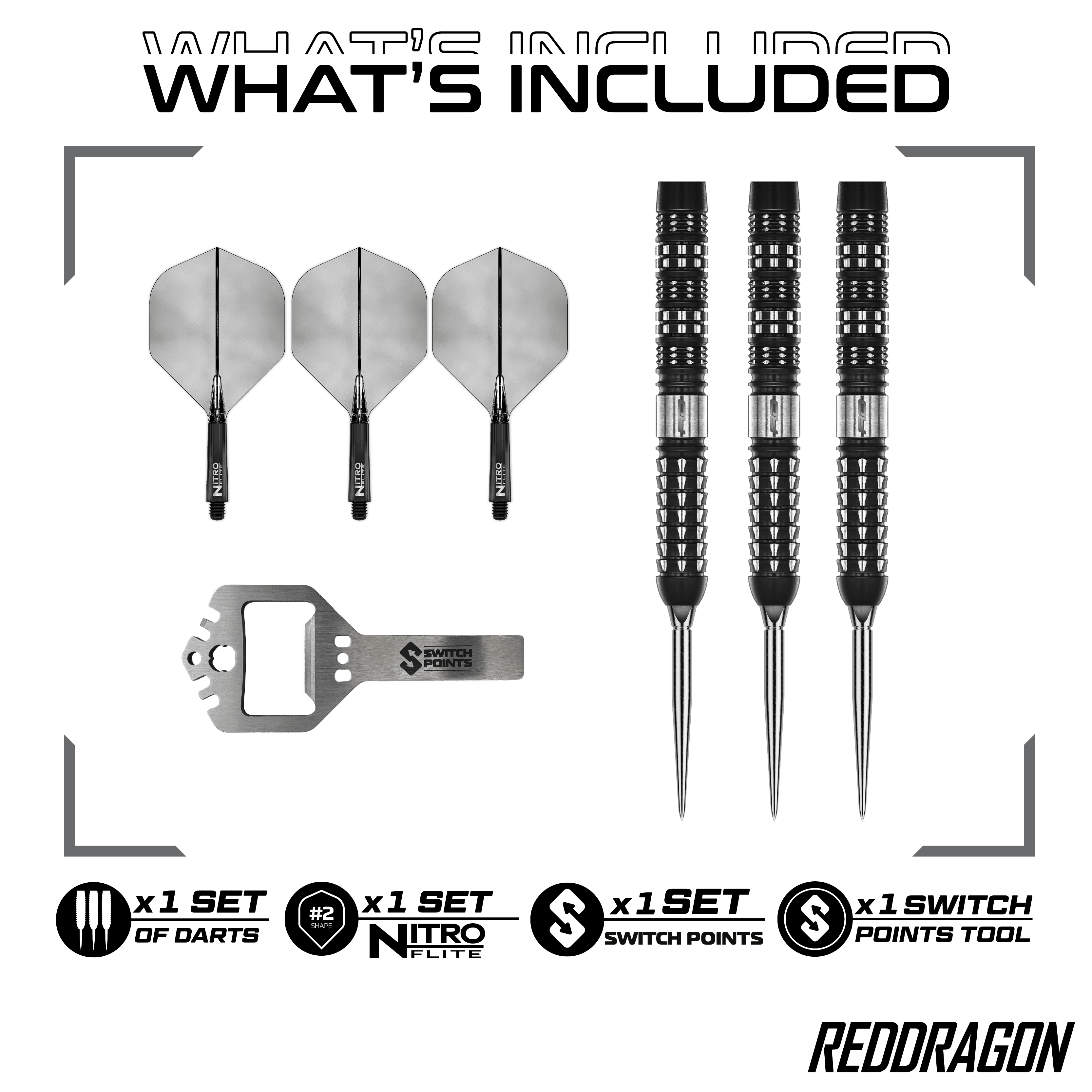Fléchettes en acier parallèles Red Dragon Recon Das Bild zeigt Red Dragon Recon Parallel Steeldarts. Es handelt sich um hochwertige Steeldarts mit einem modernen Design.