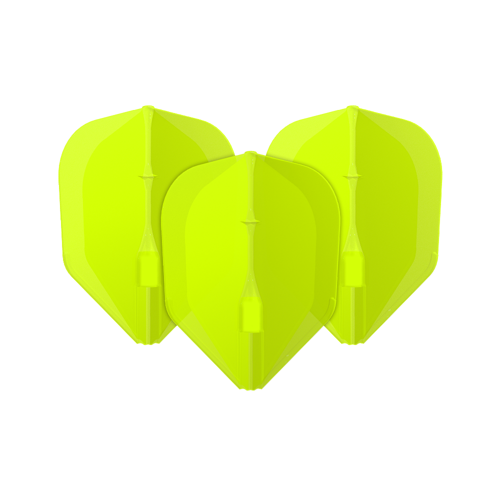 Vols L-L-Style3EZ Das Bild zeigt drei neon-gelbe Dartflights. Sie stehen nebeneinander und haben eine klassische Pfeilform.