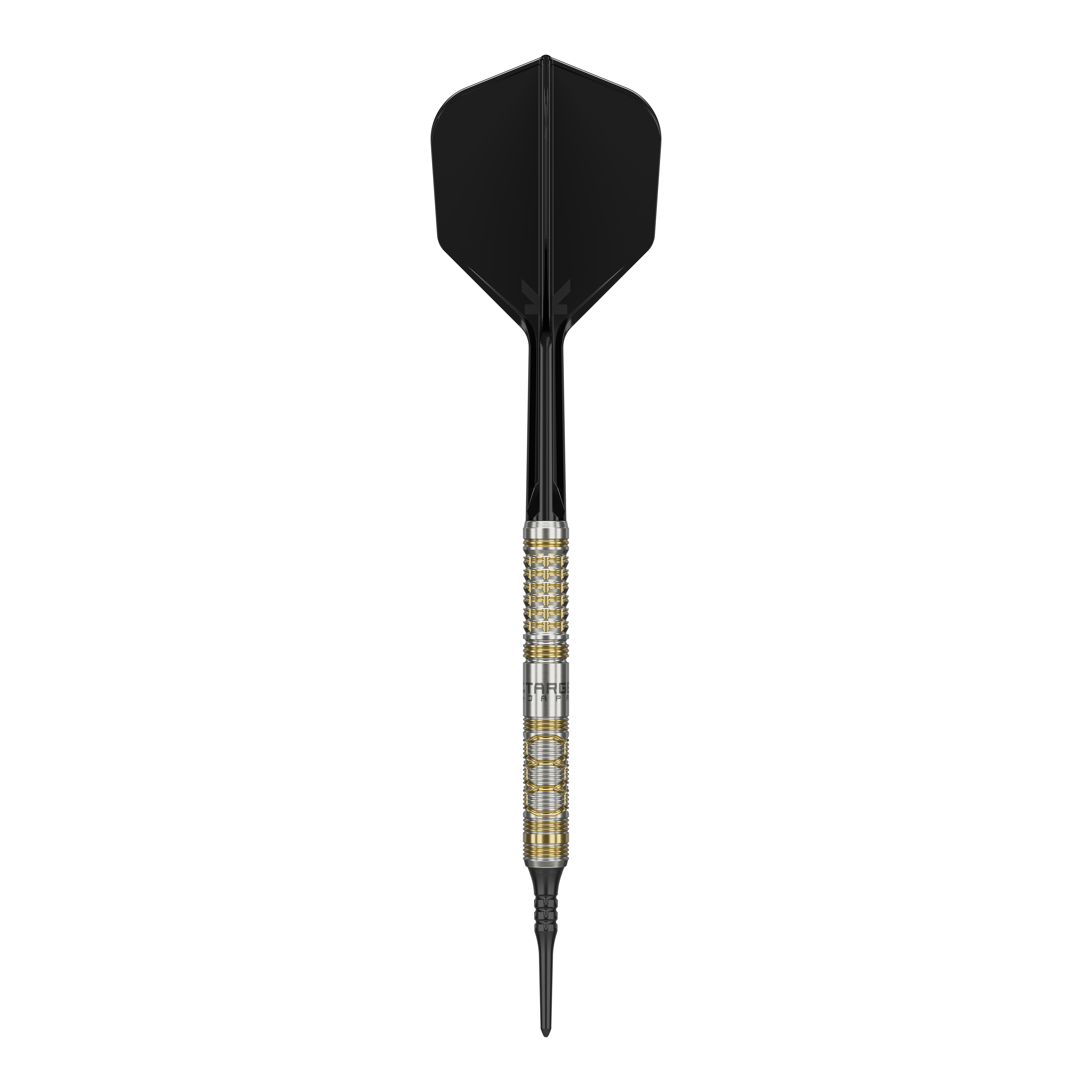 Fléchettes souples Target Japan Black Marque Reyn GEN2 - 17,5 g Auf dem Bild ist ein Softdartpfeil des Modells "Target Japan Black Marque Reyn GEN2 Softdarts - 17,5g" zu sehen. Er hat eine silberne und goldene Griffzone sowie schwarze Flights und Spitze.