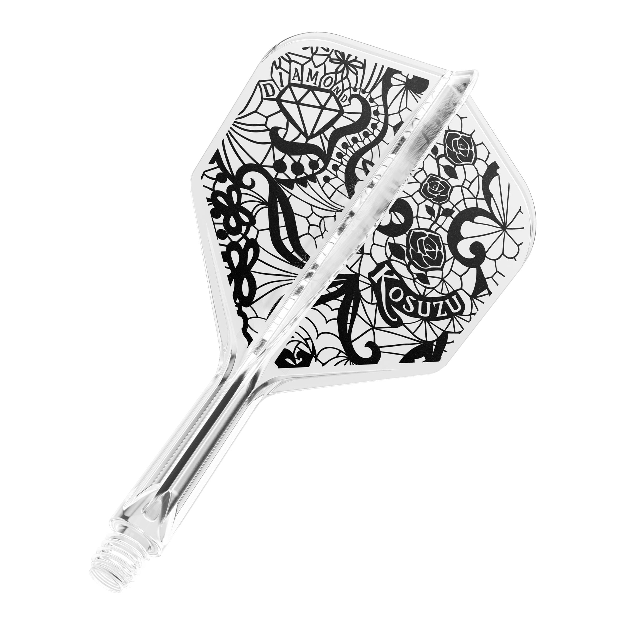 Système d'arbre de vol Target Japan K-Flex Diamond No6 Dies ist ein klarer Dartflight mit einem schwarzen, kunstvollen Design, das Rosen, ein Diamant und Netzmuster zeigt. Das System ist einteilig und hat ein Schraubgewinde am Ende.