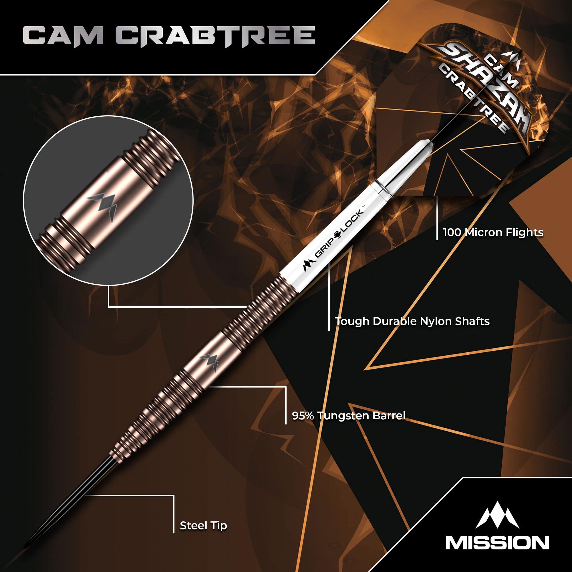 Fléchettes Mission Cam Crabtree V2 en acier tungstène à 95 % Das Bild zeigt die Mission Cam Crabtree V2 Steeldarts, Modell 1. Zu sehen ist ein Detailfoto eines einzelnen Steeldarts.