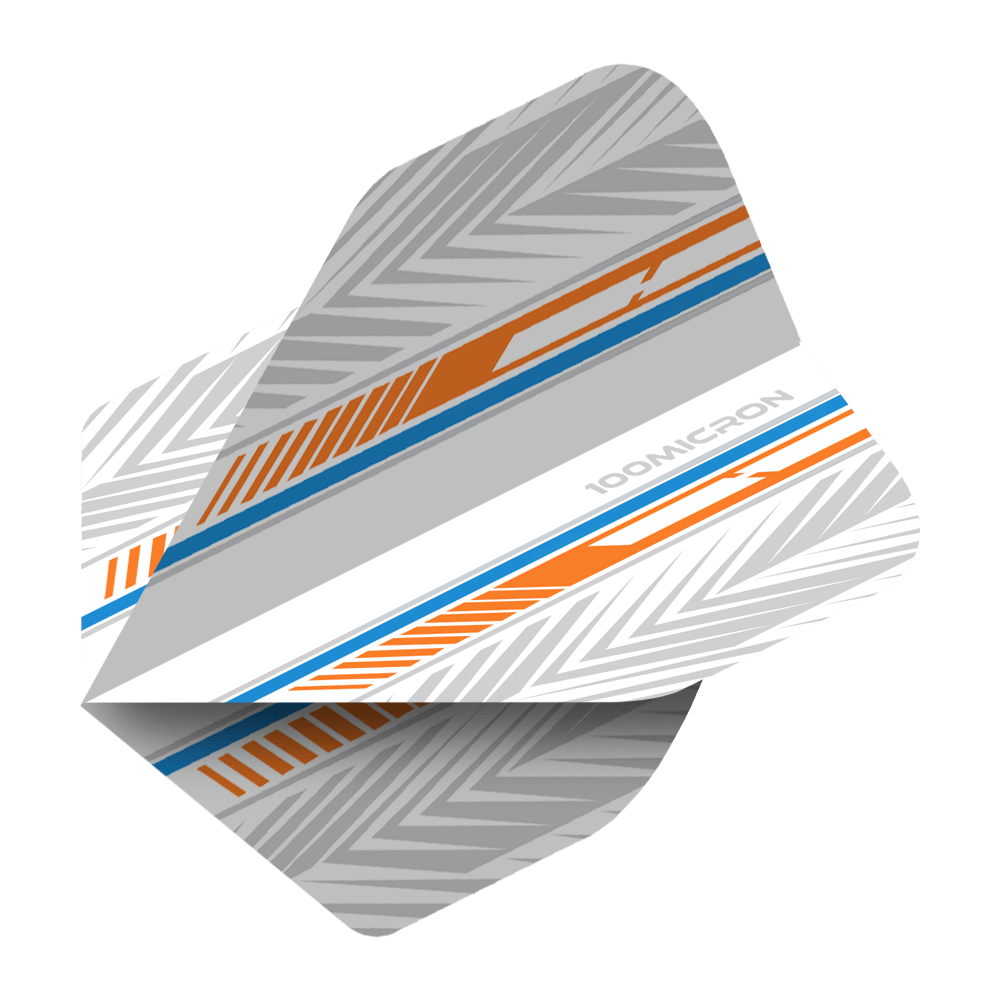 Vols de Pentathlon blanc/orange/bleu Das Bild zeigt ein Pentathlon Standard Dartflight in den Farben Weiß, Orange und Blau. Das Flight hat ein modernes, grafisches Muster mit der Aufschrift "100 MICRON".
