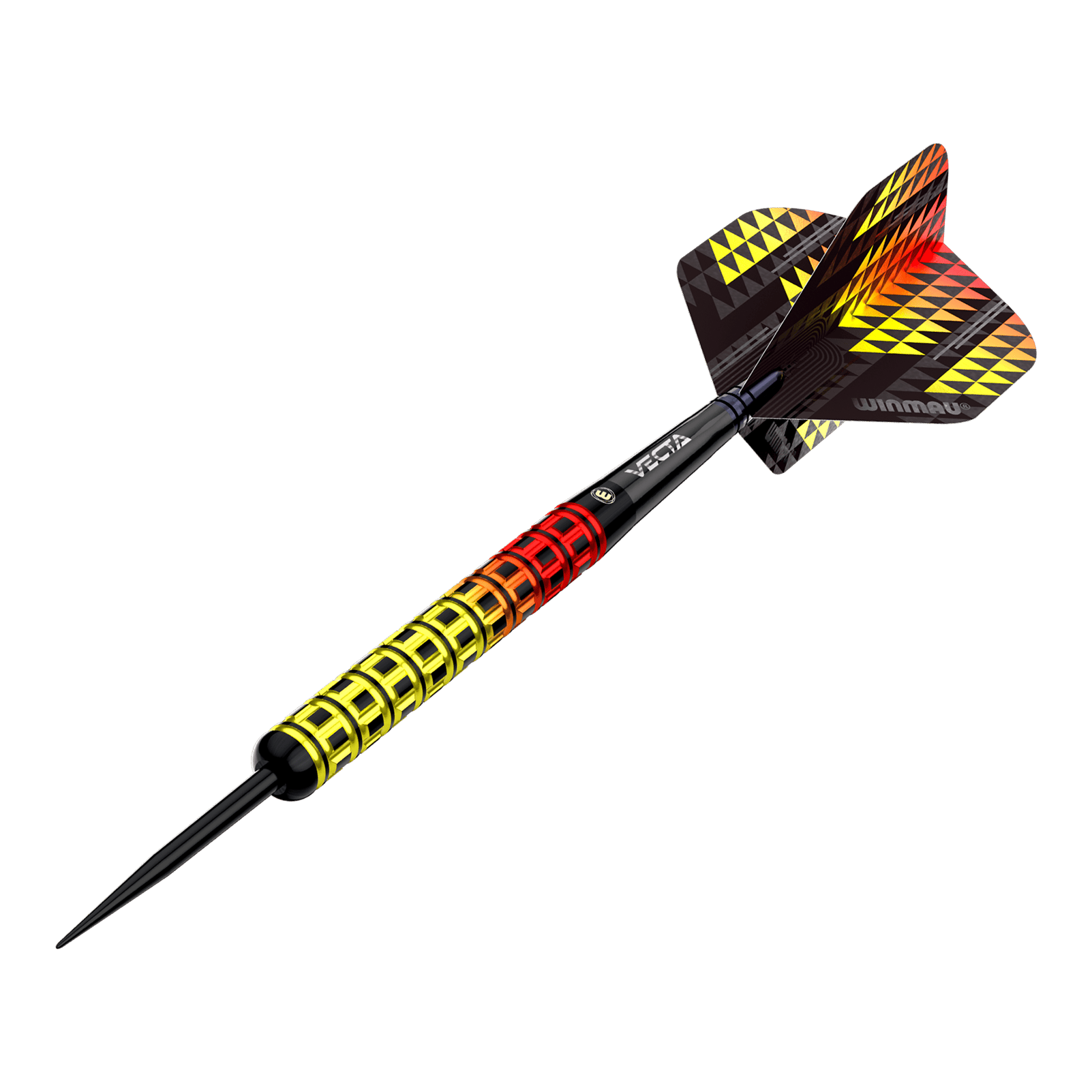 Fléchettes en acier parallèles Winmau Firestorm Flame Das Bild zeigt einen Winmau Firestorm Flame Parallel Steeldart. Der Dart hat ein auffälliges Design mit einem Griff in Gelb, Rot und Schwarz sowie passenden Flight-Mustern.