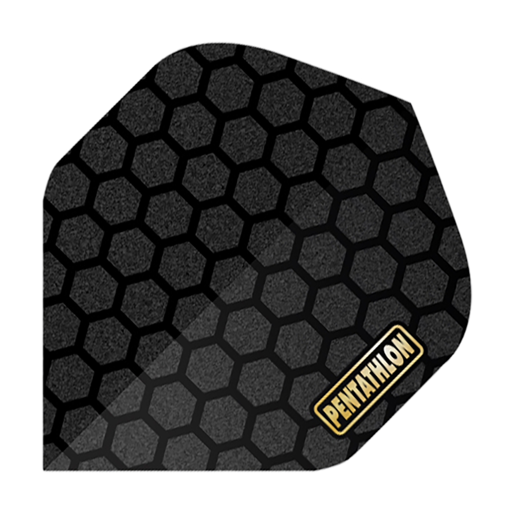 Vols de pentathlon RT Honeycomb Dieses Bild zeigt ein Dartflight mit einem schwarzen Wabenmuster. In der Ecke steht das Wort "PENTATHLON" in gelber Schrift auf einem weißen Hintergrund.