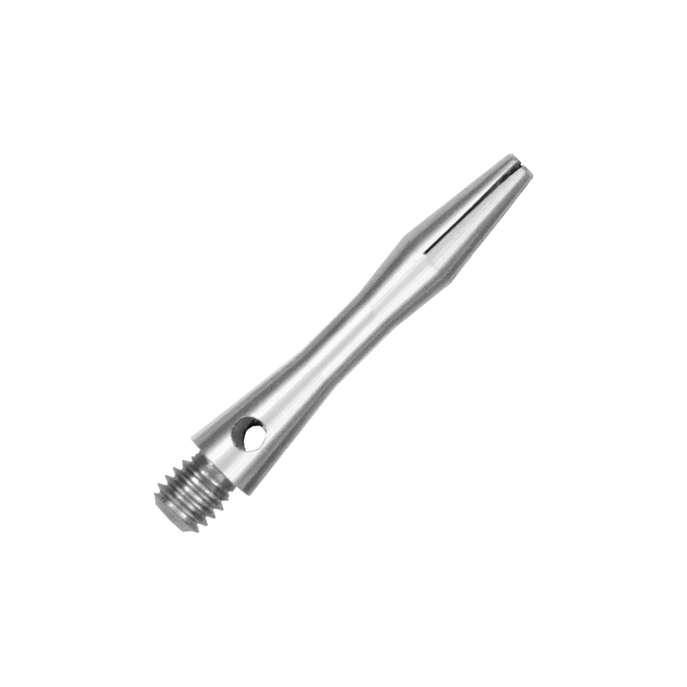 Dies ist ein silberner Aluminiumschaft. Er hat ein schlankes, glänzendes Design mit einem Gewinde am Ende.