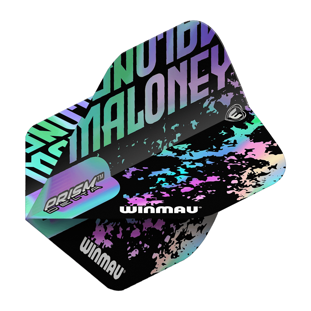 Vols standard Winmau Prism Delta Mike Maloney Das Bild zeigt ein Winmau Prism Delta Mike Maloney Standard Flight. Das Design ist in Schwarz gehalten mit bunten, schimmernden Akzenten und dem Namen "Maloney" in großen Buchstaben.