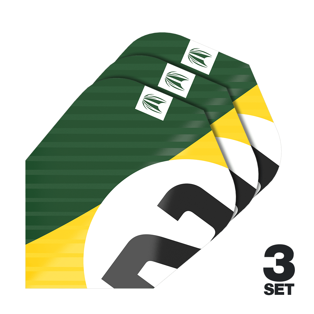 Ailettes Ten-X vertes Target Pro Ultra Chicane - 3 ensembles Das Bild zeigt drei Dart-Flights im grünen, gelben und weißen Design. Unten rechts steht "3 SET", was auf drei Sets hinweist.