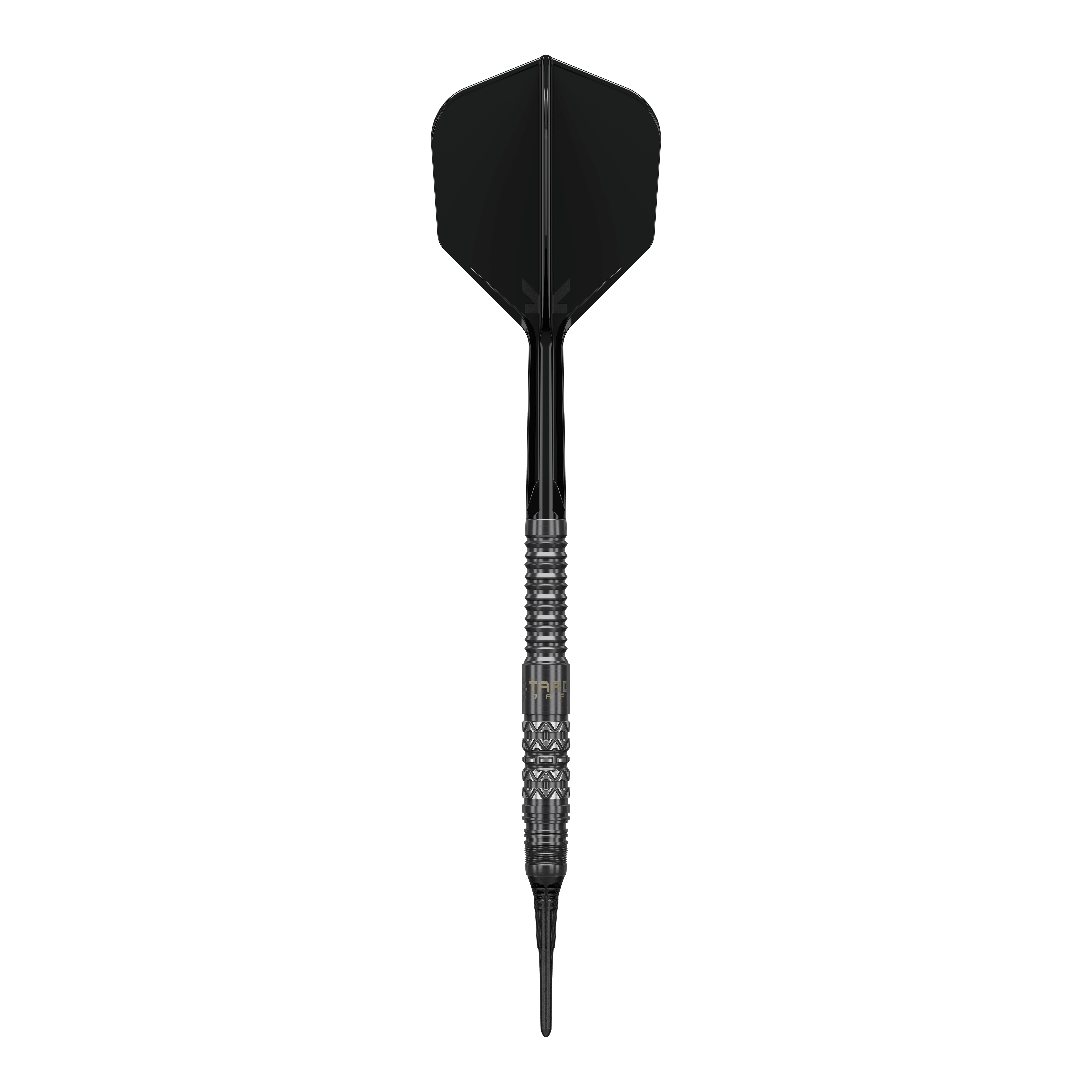 Abbildung der Target Black Marque Creed Softdarts mit einem Gewicht von 21,5g. Die Besonderheiten der Darts sind gut erkennbar.