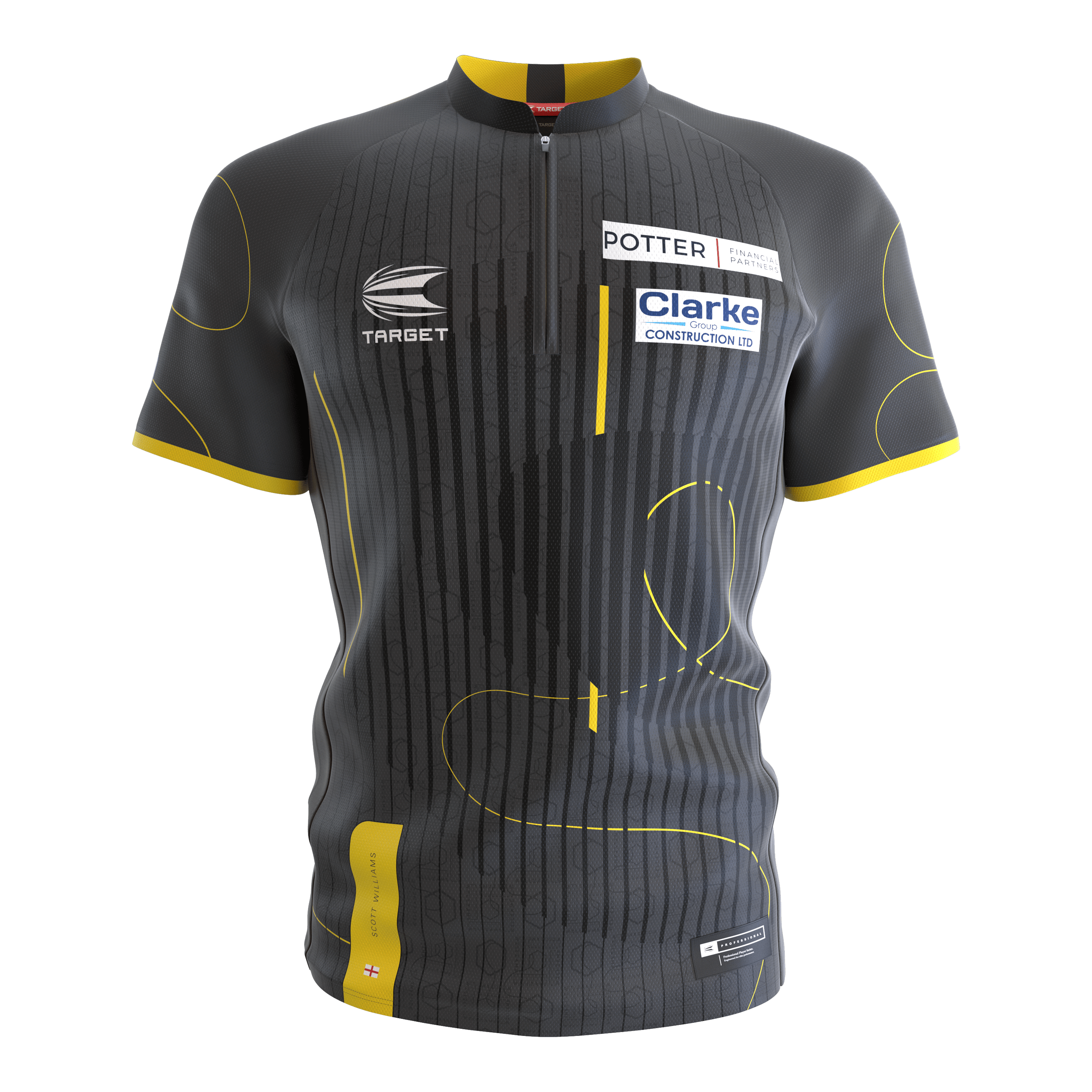Chemise de fléchettes sans col Target Coolplay Scott Williams Das Bild zeigt ein kurzärmliges Dartshirt ohne Kragen in dunklem Grau mit gelben Akzenten. Auf dem Shirt befinden sich Sponsorenlogos sowie dezente Musterlinien.