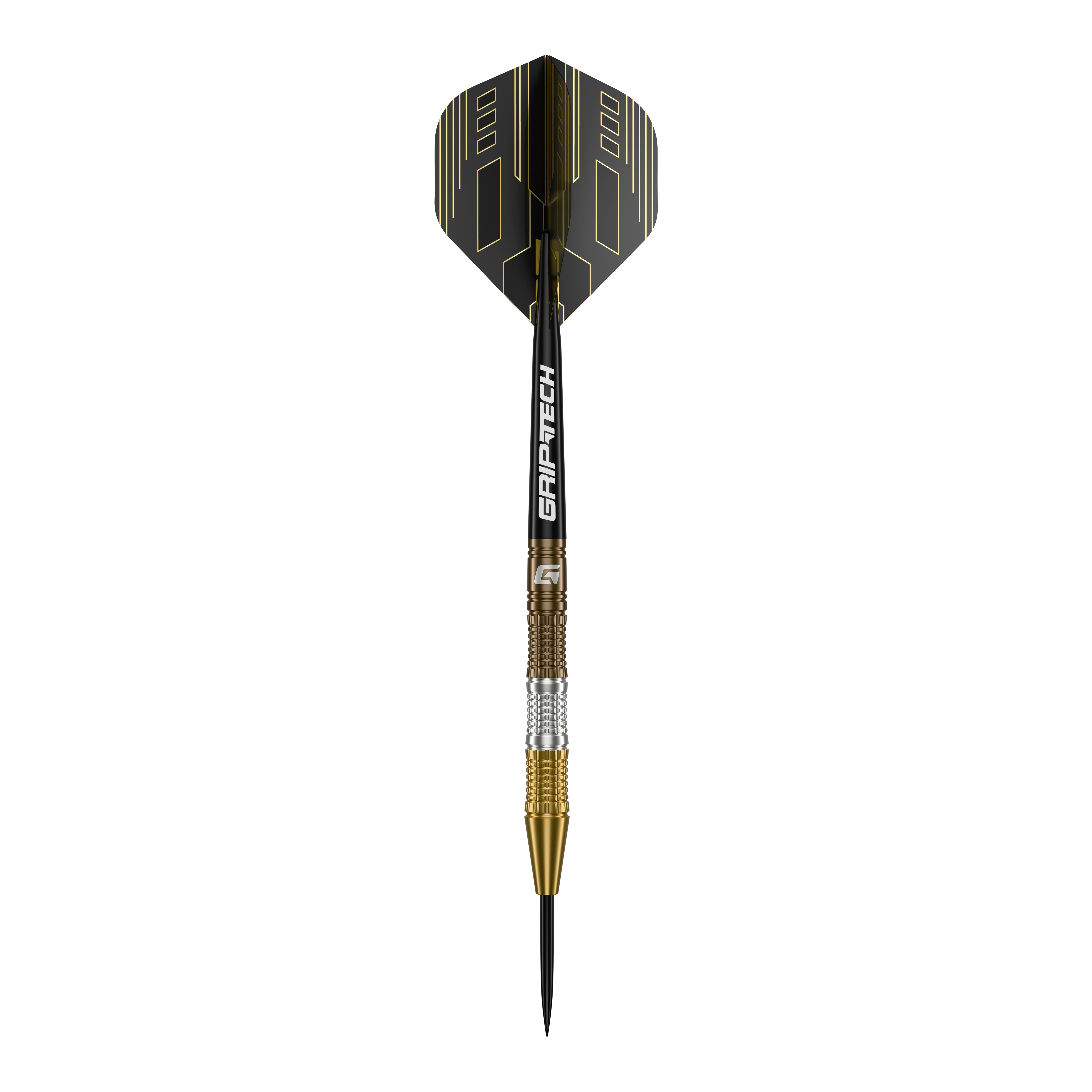 Fléchettes en acier tungstène GOAT Ceremony Das Bild zeigt einen GOAT Ceremony Tungsten Steeldart mit einem eleganten Design in Gold, Silber und Schwarz. Auf dem Schaft steht der Schriftzug "GRIP-TECH".