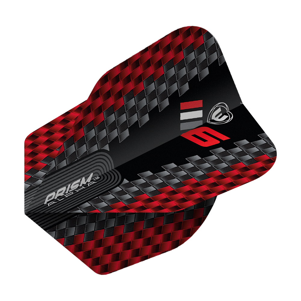 Volets Winmau Prism Alpha Blade 6 Chevron No6 Das Bild zeigt ein Winmau Prism Alpha Blade 6 Chevron No6 Flight für Dartpfeile. Das Flight hat ein rot-schwarzes Karomuster mit silbernen und roten Akzenten.
