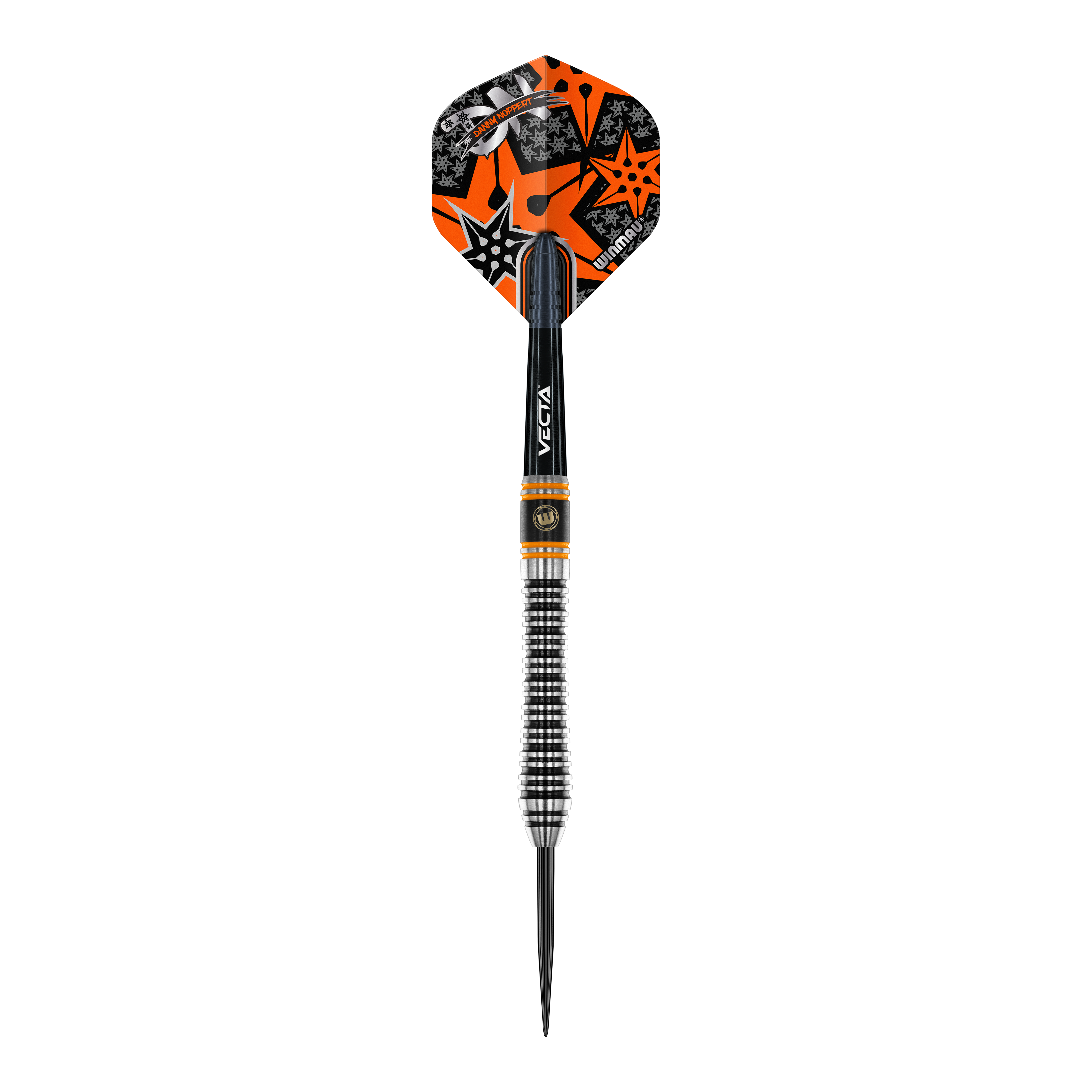Winmau Danny Noppert Signature Edition 2 fléchettes en acier Dies ist ein Winmau Danny Noppert Signature Edition 2 Steeldart. Der Dart hat ein auffälliges schwarzes, silbernes und orangefarbenes Design mit Sternmotiven auf dem Flight.