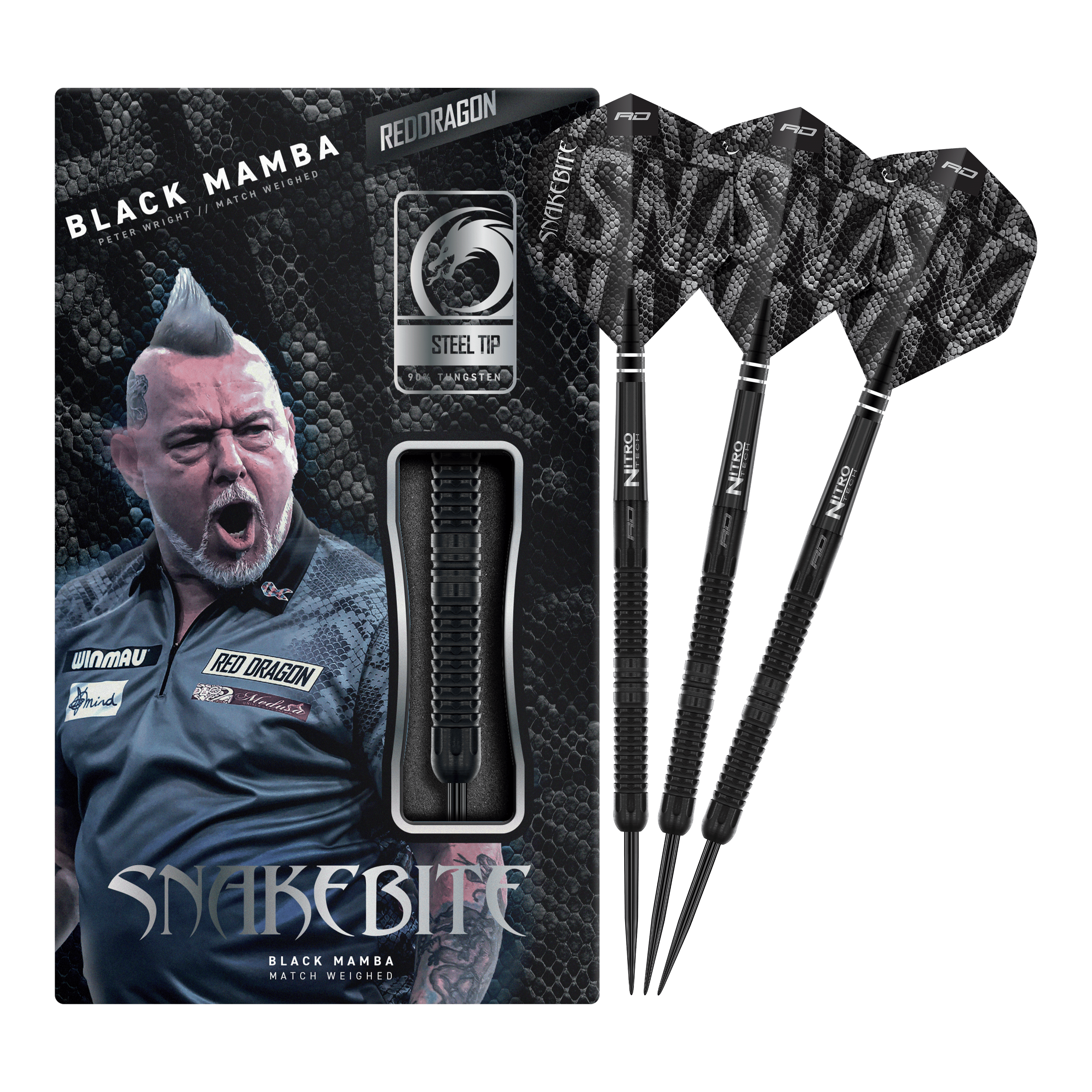 Dragon Rouge Peter Wright Morsure de Serpent Mamba Noir Steeldarts Abgebildet ist der Red Dragon Peter Wright Snakebite Black Mamba Steeldart. Das Produkt zeichnet sich durch sein schwarzes Design und hochwertige Verarbeitung aus.