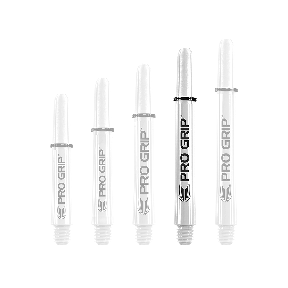 Tiges Target Pro Grip - 3 jeux - Blanc Auf dem Bild sind fünf weiße Pro Grip Shafts für Dartpfeile in unterschiedlicher Länge zu sehen. Sie sind mit dem Schriftzug "PRO GRIP" und einem schwarzen Ring versehen.