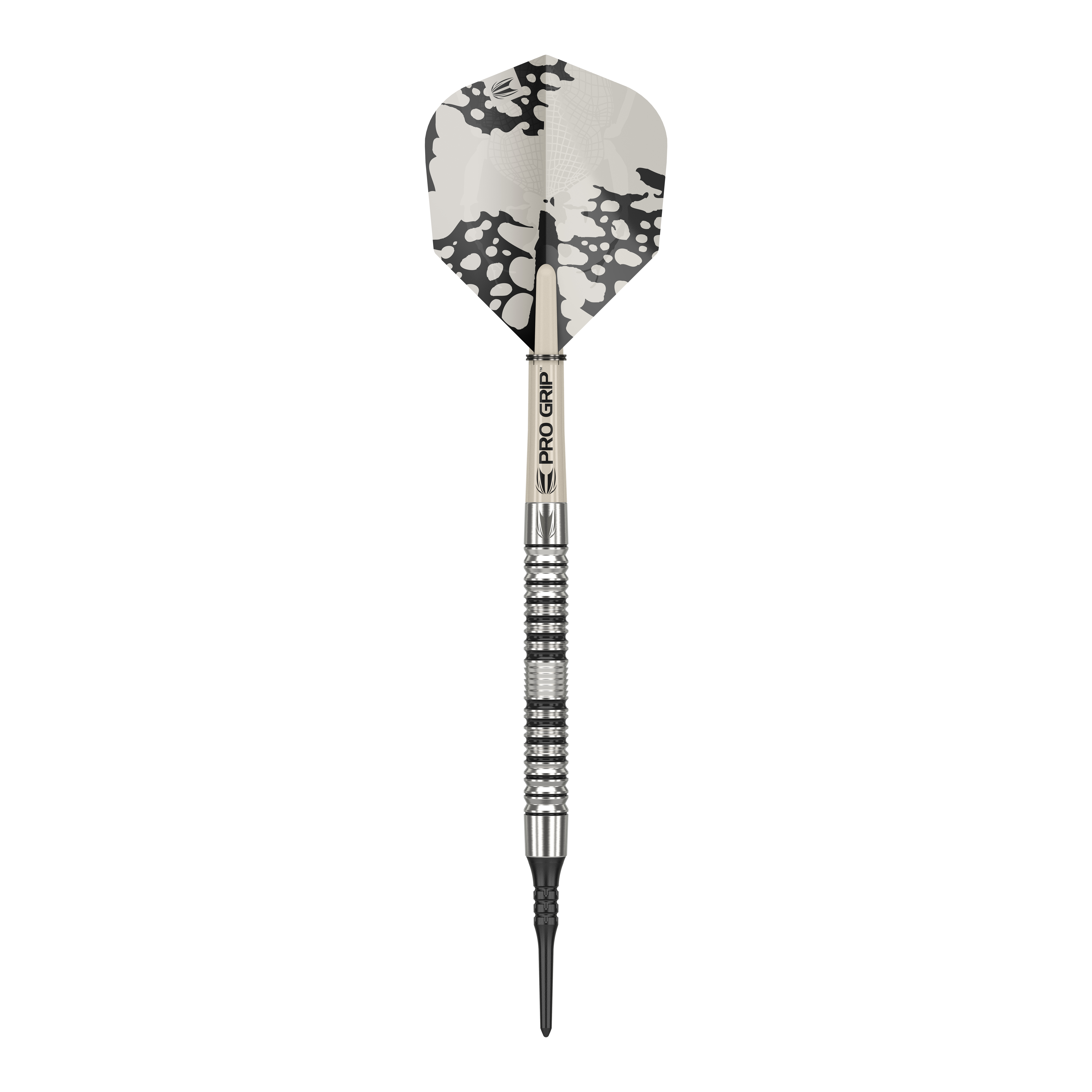 Fléchettes souples Target EXO 10 Das Bild zeigt einen Target EXO 10 Softdart. Der Dart hat ein silbernes und schwarzes Design mit einem gemusterten Flight.