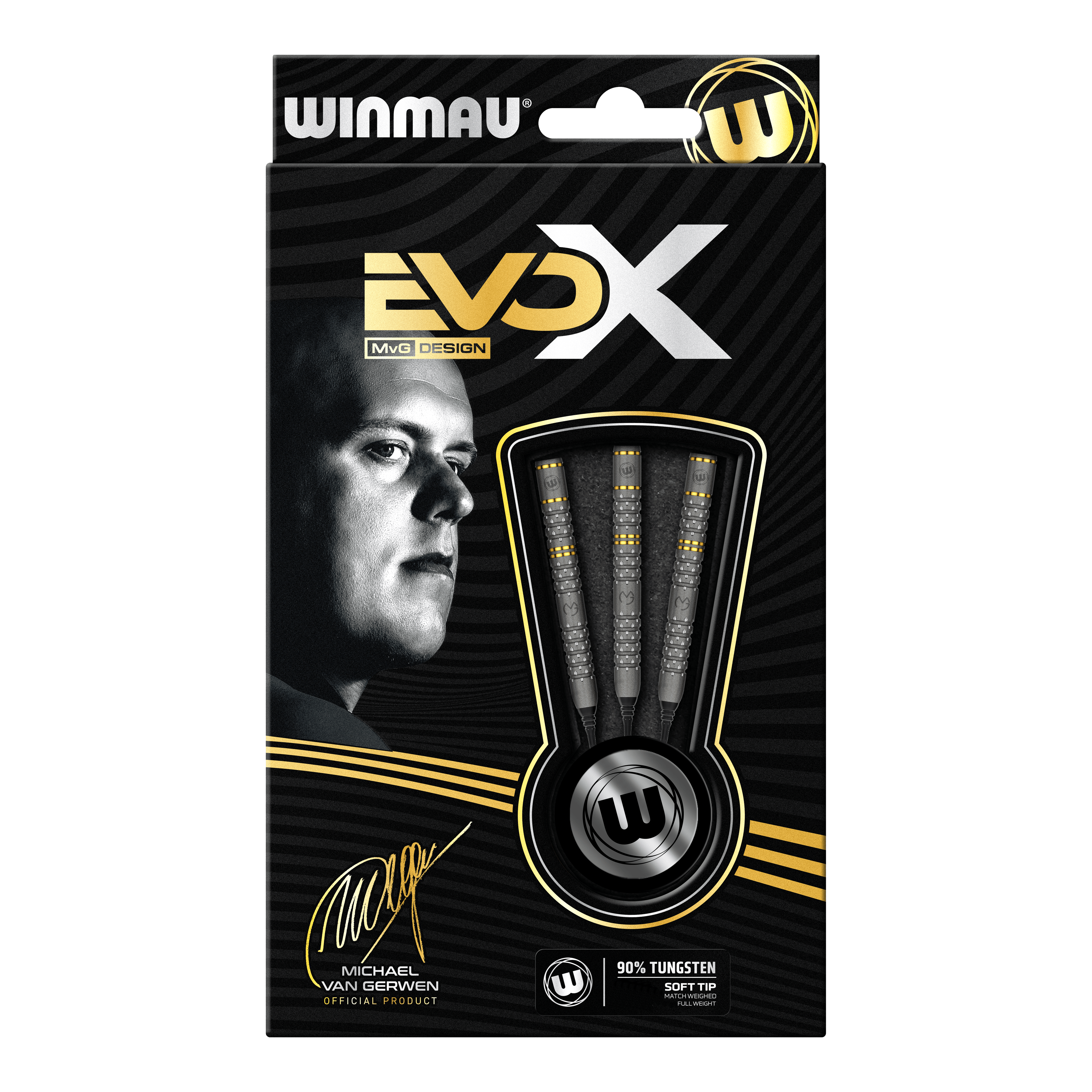 Winmau Michael Van Gerwen Evo-X fléchettes souples - 20g Die Abbildung zeigt die Verpackung der "Winmau Michael Van Gerwen Evo-X Softdarts - 20g". Auf der Vorderseite sind drei Softdarts sowie ein Porträt von Michael Van Gerwen zu sehen.
