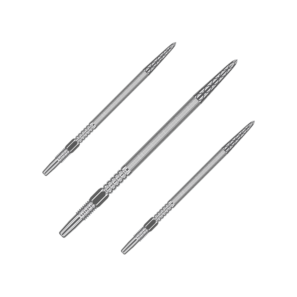 Pointes de fléchettes Target Swiss Point DX - Argent Das Bild zeigt drei silberne Dartspitzen, die nebeneinander angeordnet sind. Sie haben eine geriffelte Struktur und eine spitz zulaufende Form.