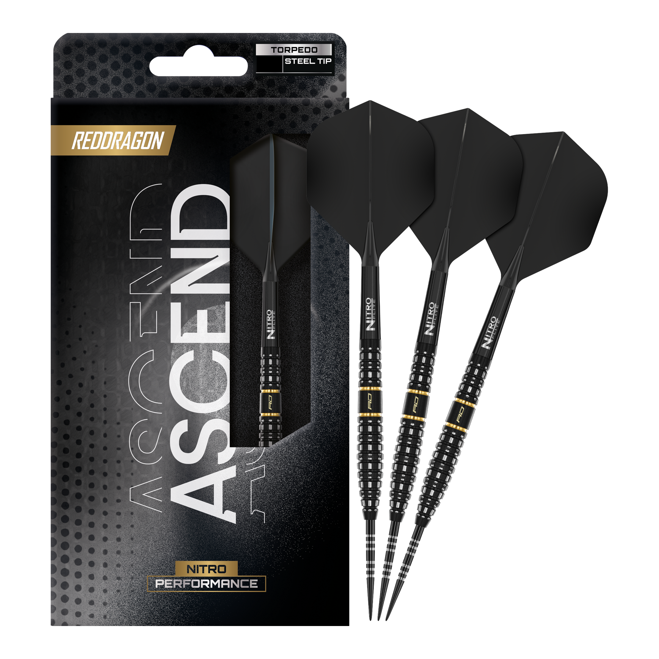 Zu sehen ist das komplette Set der Red Dragon Ascend Torpedo Steeldarts. Die Aufnahme zeigt alle enthaltenen Komponenten des Produkts.