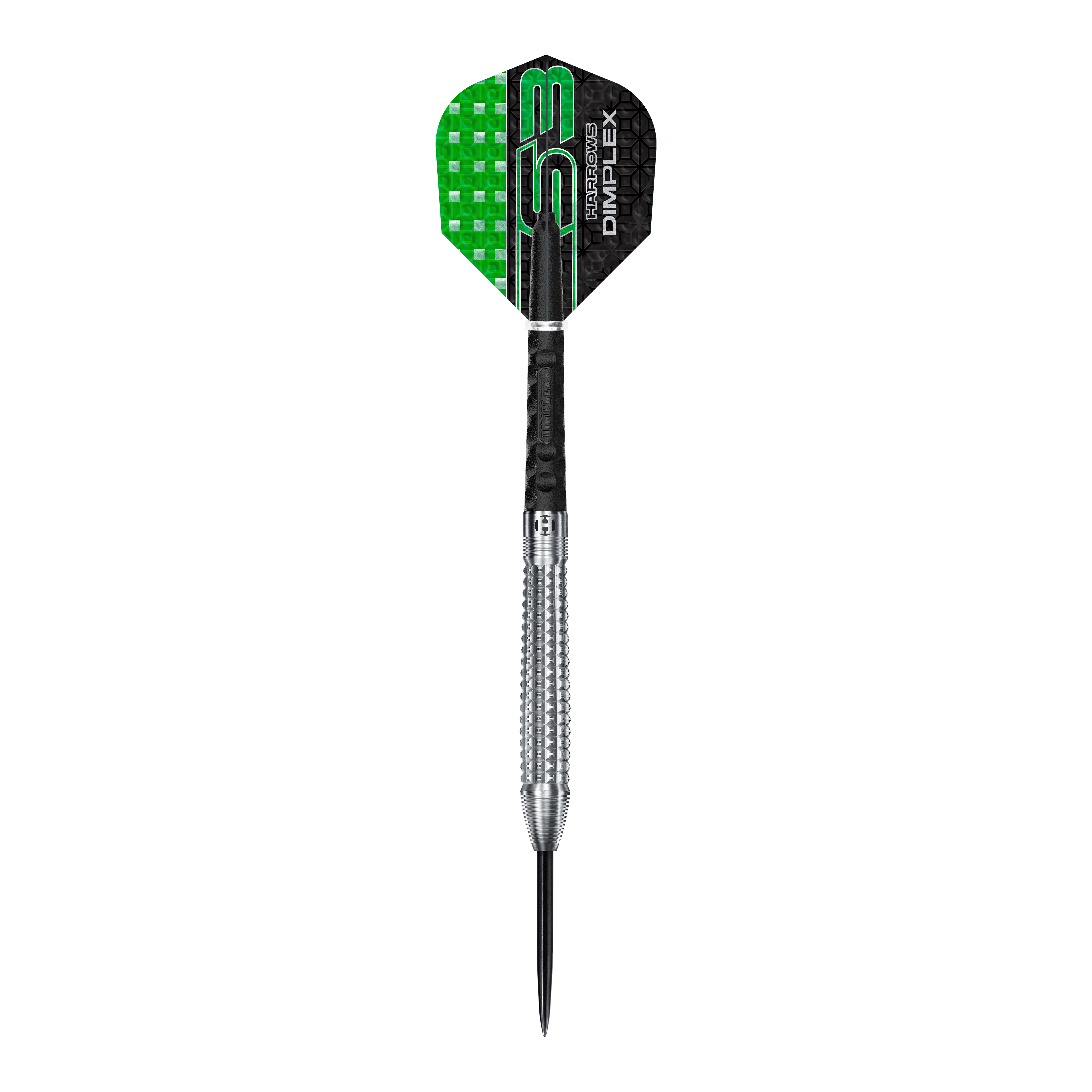 Fléchettes coniques en acier Harrows Dimplex S3 Auf dem Bild ist ein Harrows Dimplex S3 Tapered Steeldart zu sehen. Der Dartpfeil hat eine silberne, geriffelte Spitze und grün-schwarze Flights.
