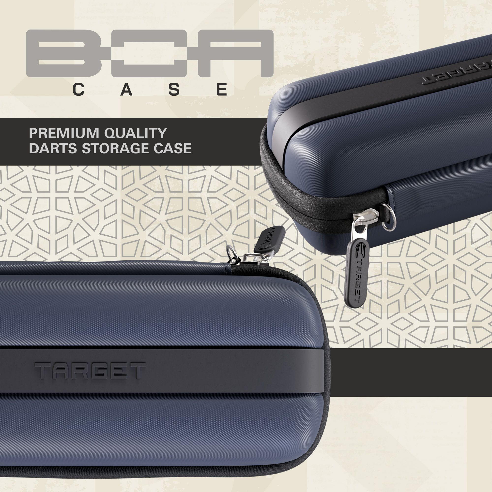 Abgebildet ist ein Target BOA Dartcase in Navy und Dunkelgrau. Das Dartcase bietet Platz und Sicherheit für Dartsport-Zubehör.