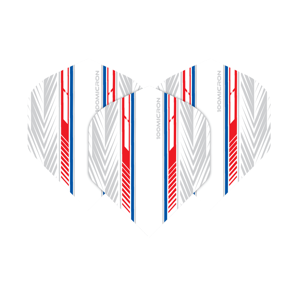 Vols de Pentathlon blanc/rouge/bleu Das Bild zeigt die "Pentathlon White Red Blue No2 Standard Flights". Die Flights sind überwiegend weiß mit roten, blauen und grauen Linienmustern.