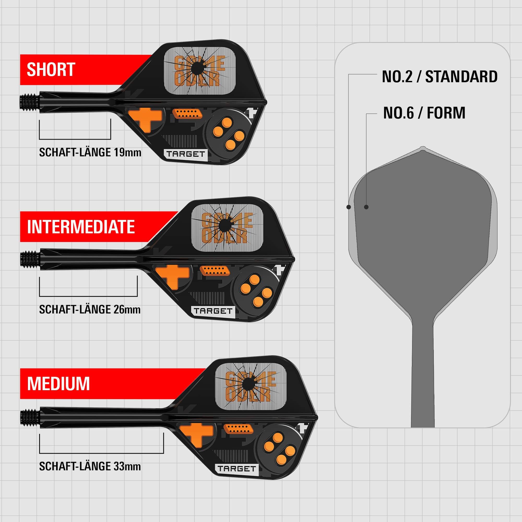Target K-Flex Game Over No6 Vols Das Bild stellt die Target K-Flex Game Over No6 Flights dar. Diese Flights sind speziell für Darts entwickelt.