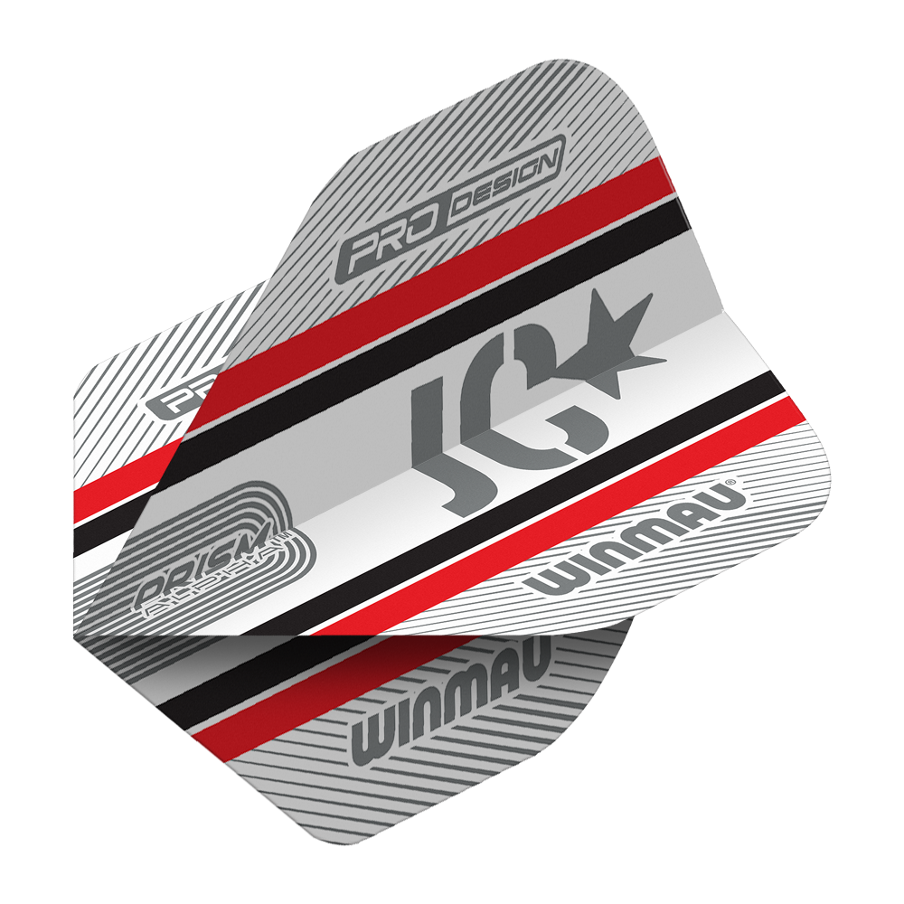 Vols standard Winmau Alpha Joe Cullen Cullen 85 Das Bild zeigt die Winmau Alpha Joe Cullen 85 Standard Flights für Darts. Das Design ist in Silber, Rot, Schwarz und Weiß gehalten und trägt die Logos "Winmau" und "JC".