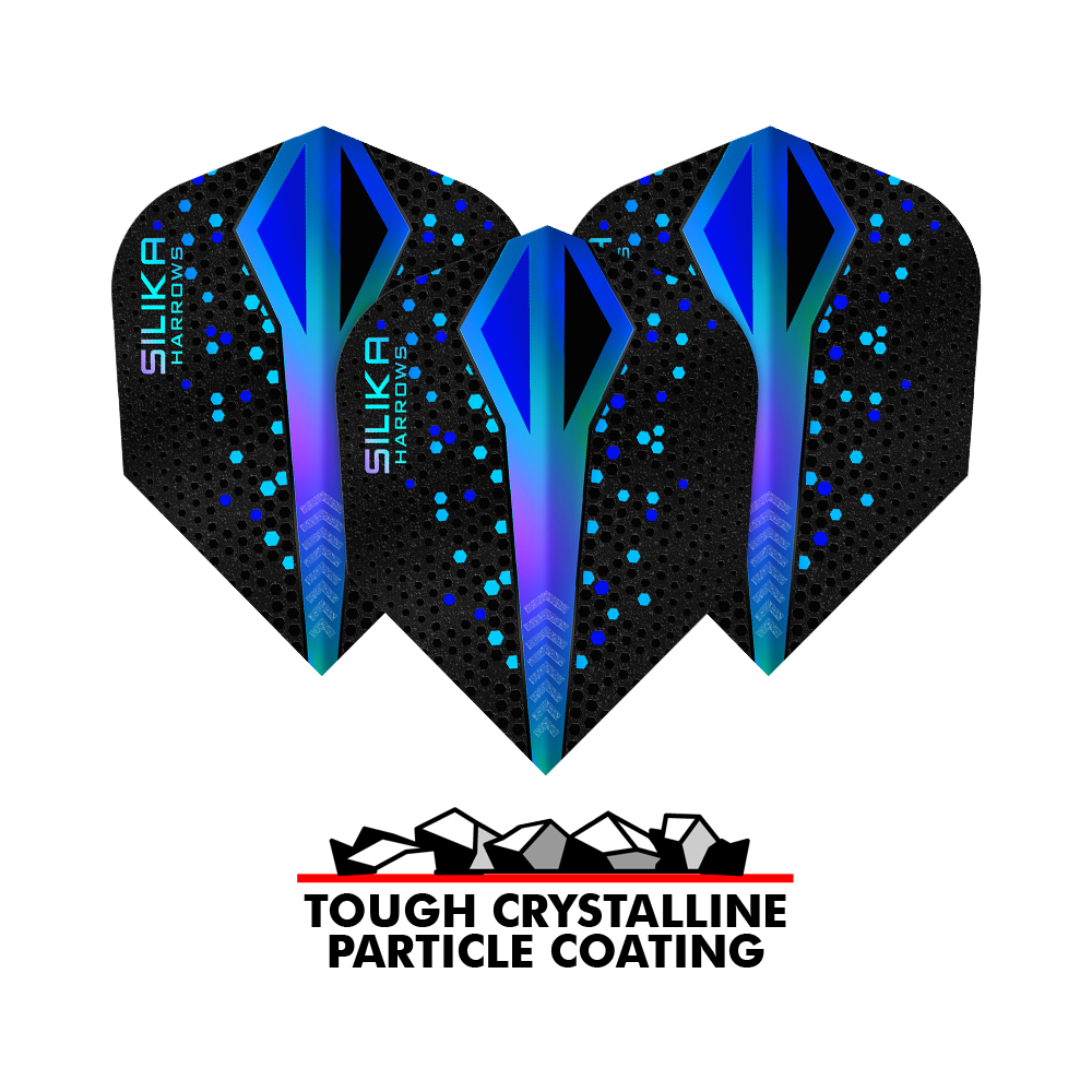 Revêtement cristallin résistant Harrows Silika Colourshift Bleu n° 6 Das Bild zeigt drei Harrows Silika Colourshift Tough Crystalline Coating Blue No6 Flights. Darunter befindet sich ein Logo mit der Aufschrift "Tough Crystalline Particle Coating".