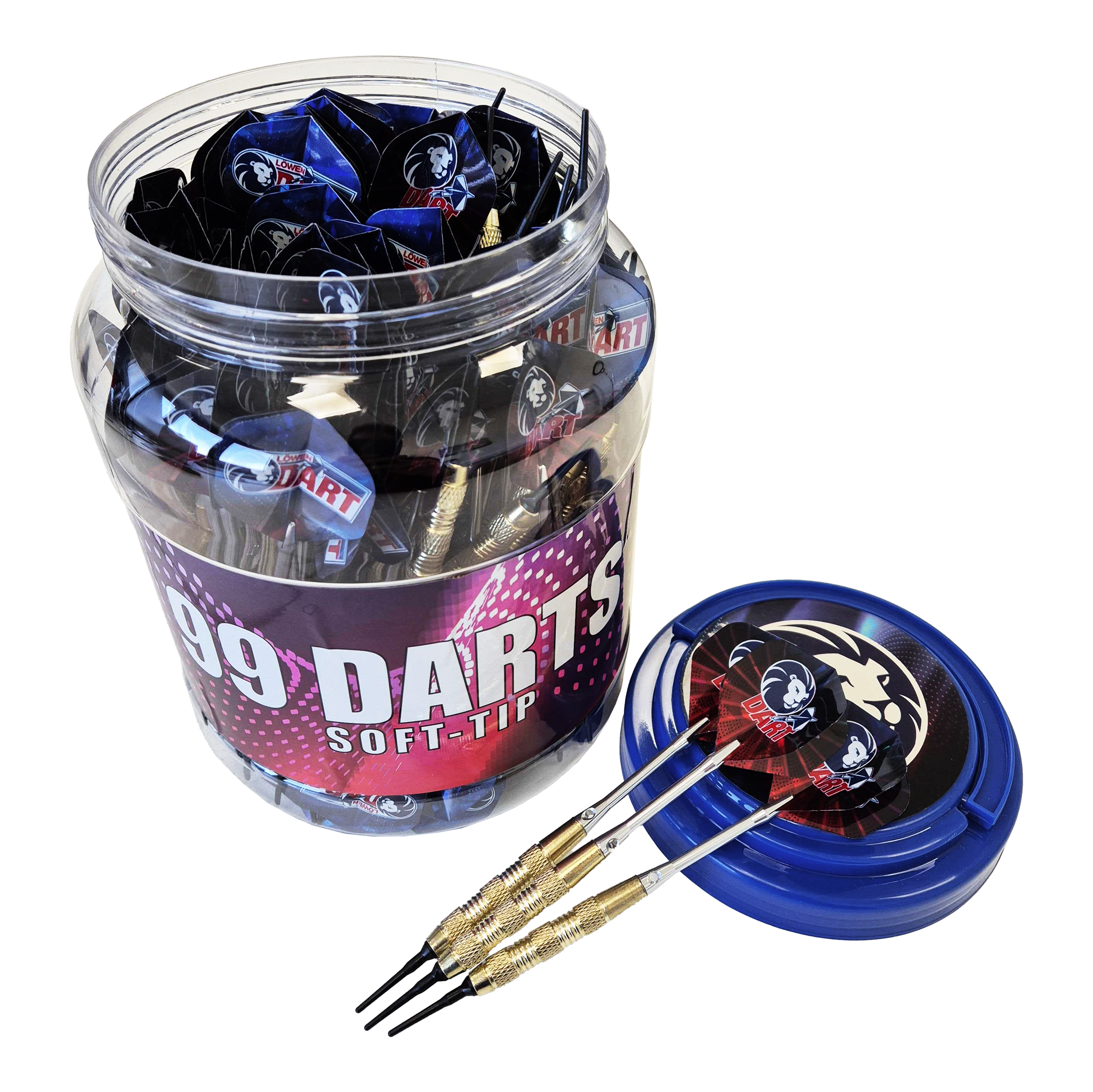 99 Fléchettes Löwen à pointe souple - 18 g Das Bild zeigt eine große Dose mit der Aufschrift „99 DARTS SOFT-TIP“, die viele Soft-Tip-Darts enthält. Drei der 18g Darts liegen auf dem blauen Deckel neben der Dose.