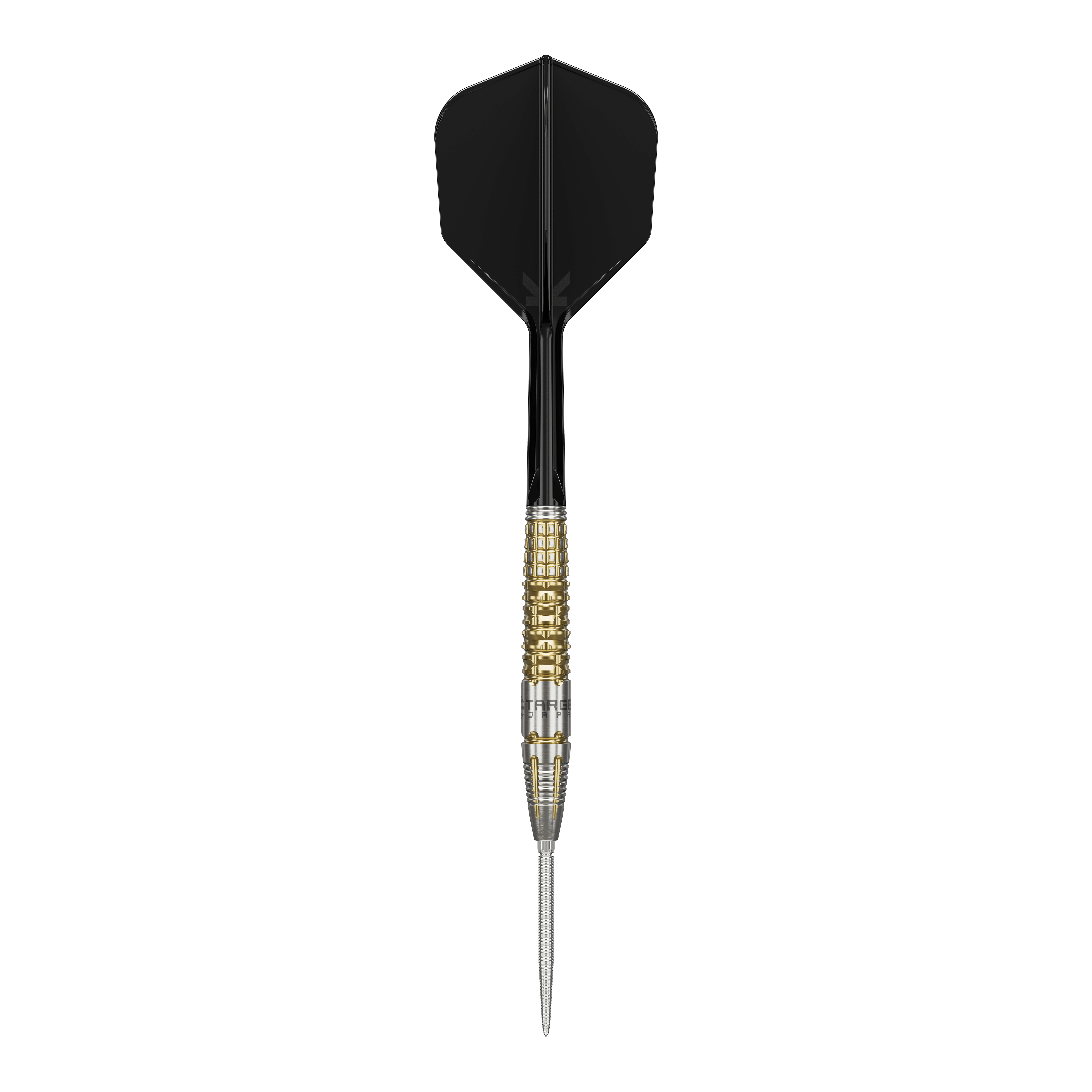 Fléchettes en acier Target Black Marque Warrior Swiss Point Das Bild zeigt einen Target Black Marque Warrior Swiss Point Steeldart. Der Dart hat eine schwarze Flight, einen gold-silbernen Griffbereich und eine spitze Stahlspitze.