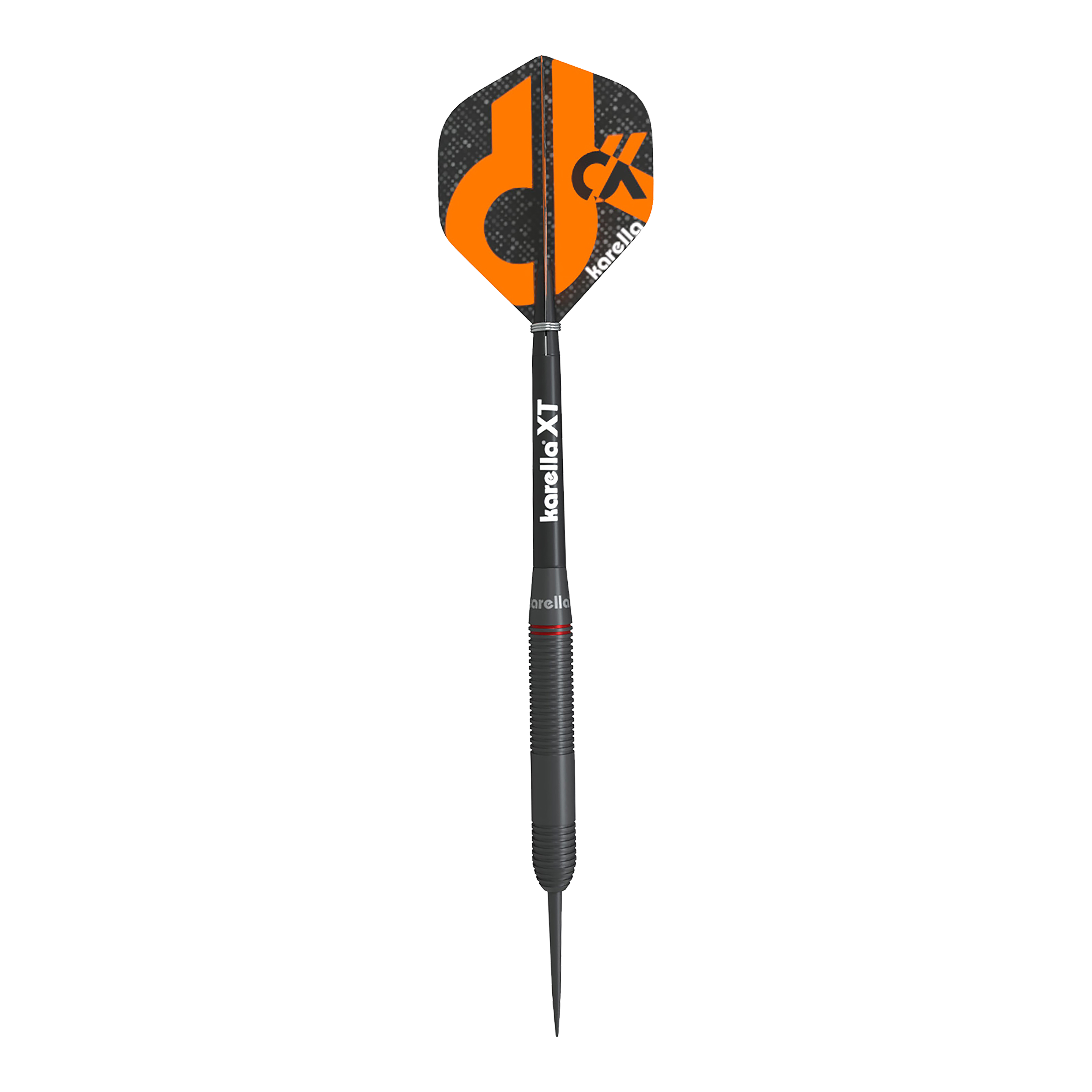 Karella Daniel Klose fléchettes en acier Der Karella Daniel Klose Steeldart ist ein schwarzer Dartpfeil mit orangem Design auf dem Flight. Auf dem Schaft steht "karella XT" und der Flight trägt das Karella-Logo.