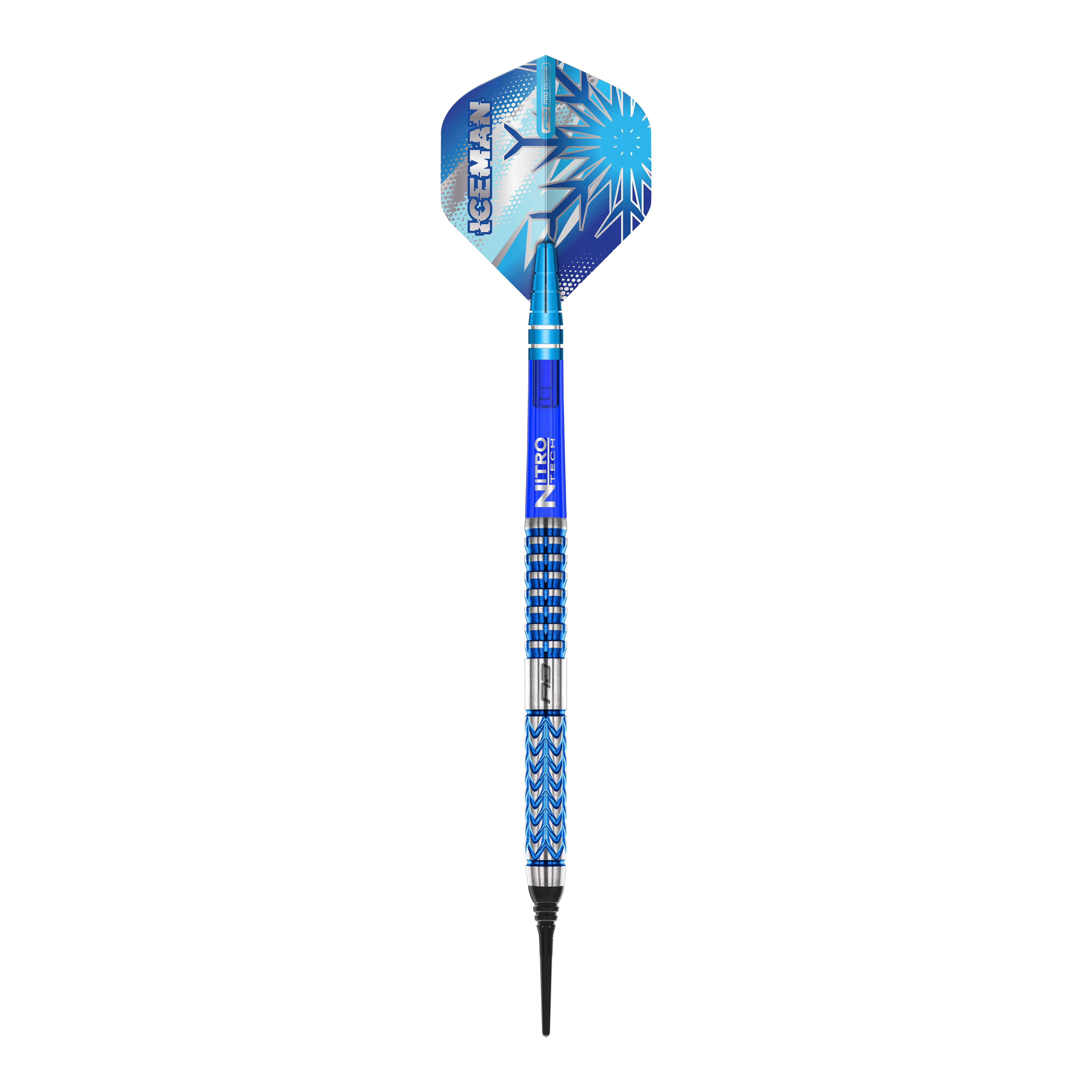 Red Dragon Gerwyn Price Glacier Fléchettes souples – 18 g Dieses Bild zeigt den Red Dragon Gerwyn Price Glacier Softdart mit einem Gewicht von 18g. Der Dart hat ein auffälliges blaues Design mit eisigen Mustern und dem Schriftzug "ICEMAN" auf der Flights.